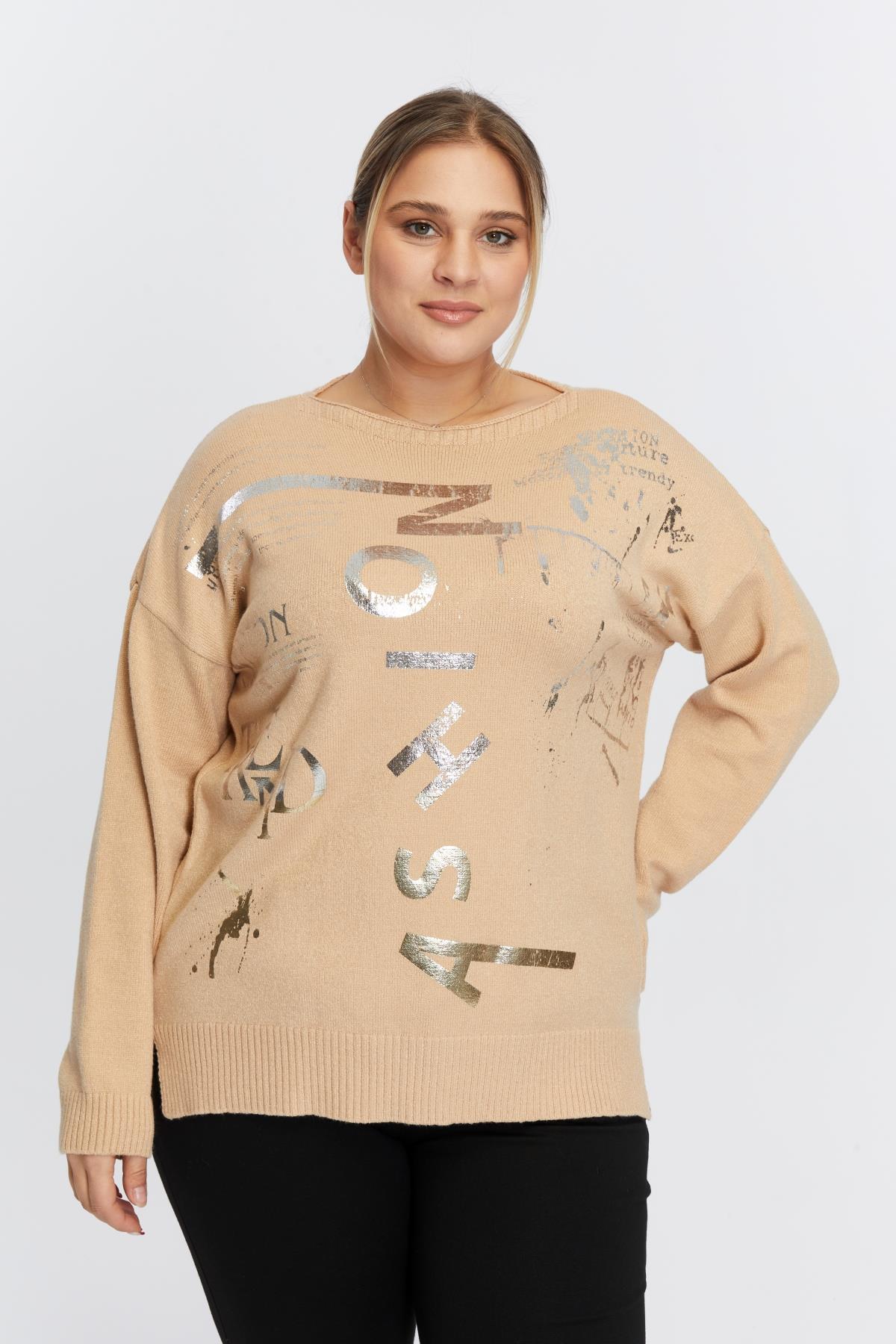 Büyük Beden Kayık Yaka Kaşmir Karışımlı Baskılı Triko Vizon