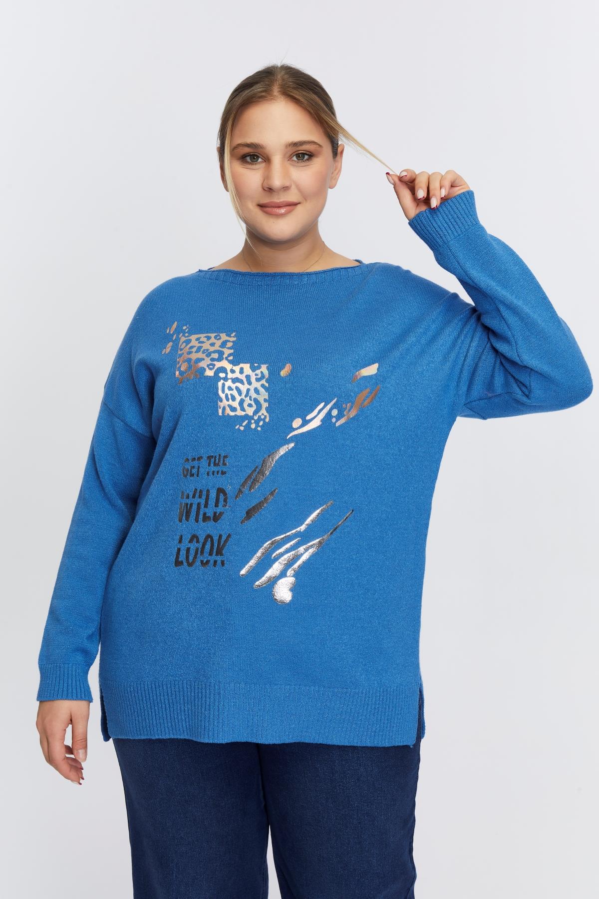 Büyük Beden Kayık Yaka Leopar Desen Baskılı Triko İndigo