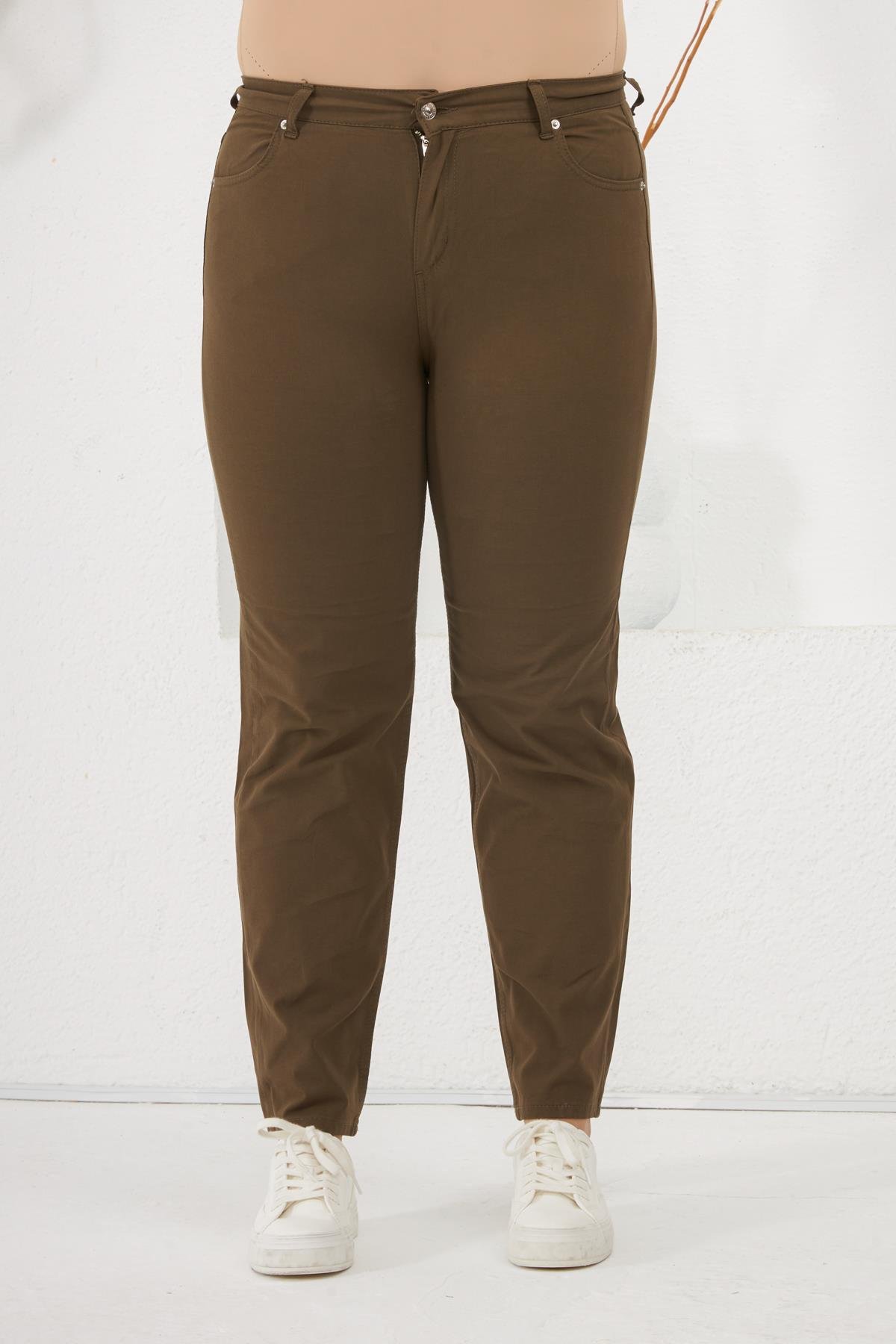 Büyük Beden Likrali Pantolon Haki