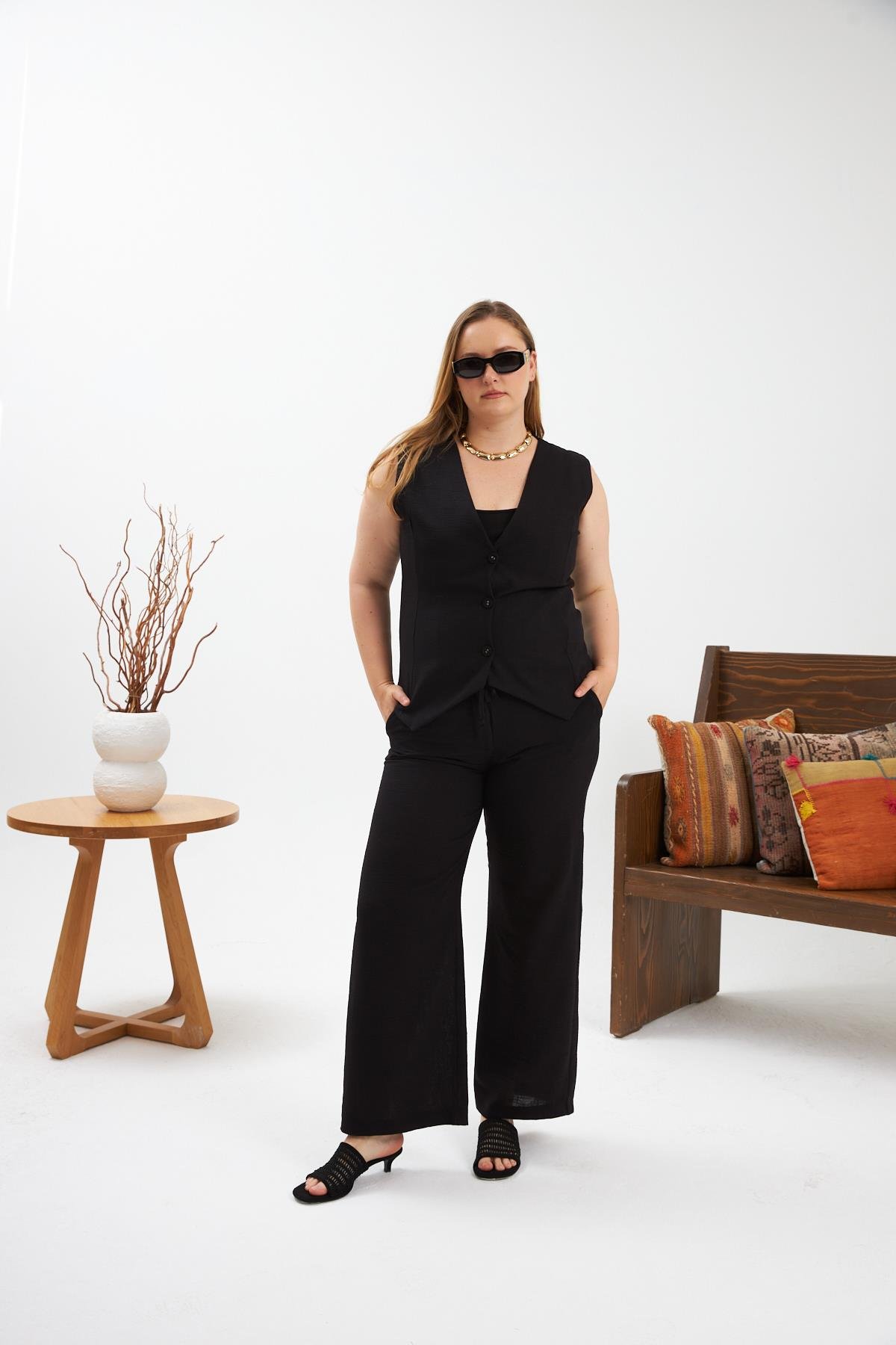 Büyük Beden Pantolon Yelek İkili Takım Siyah