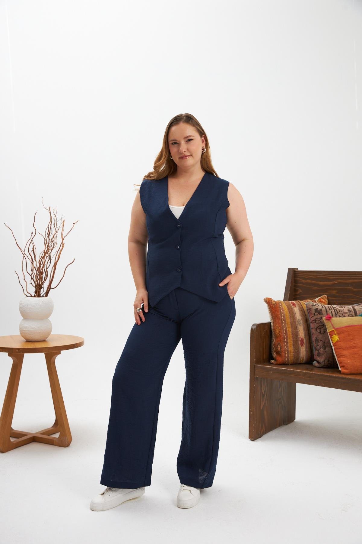 Büyük Beden Pantolon Yelek İkili Takım Lacivert