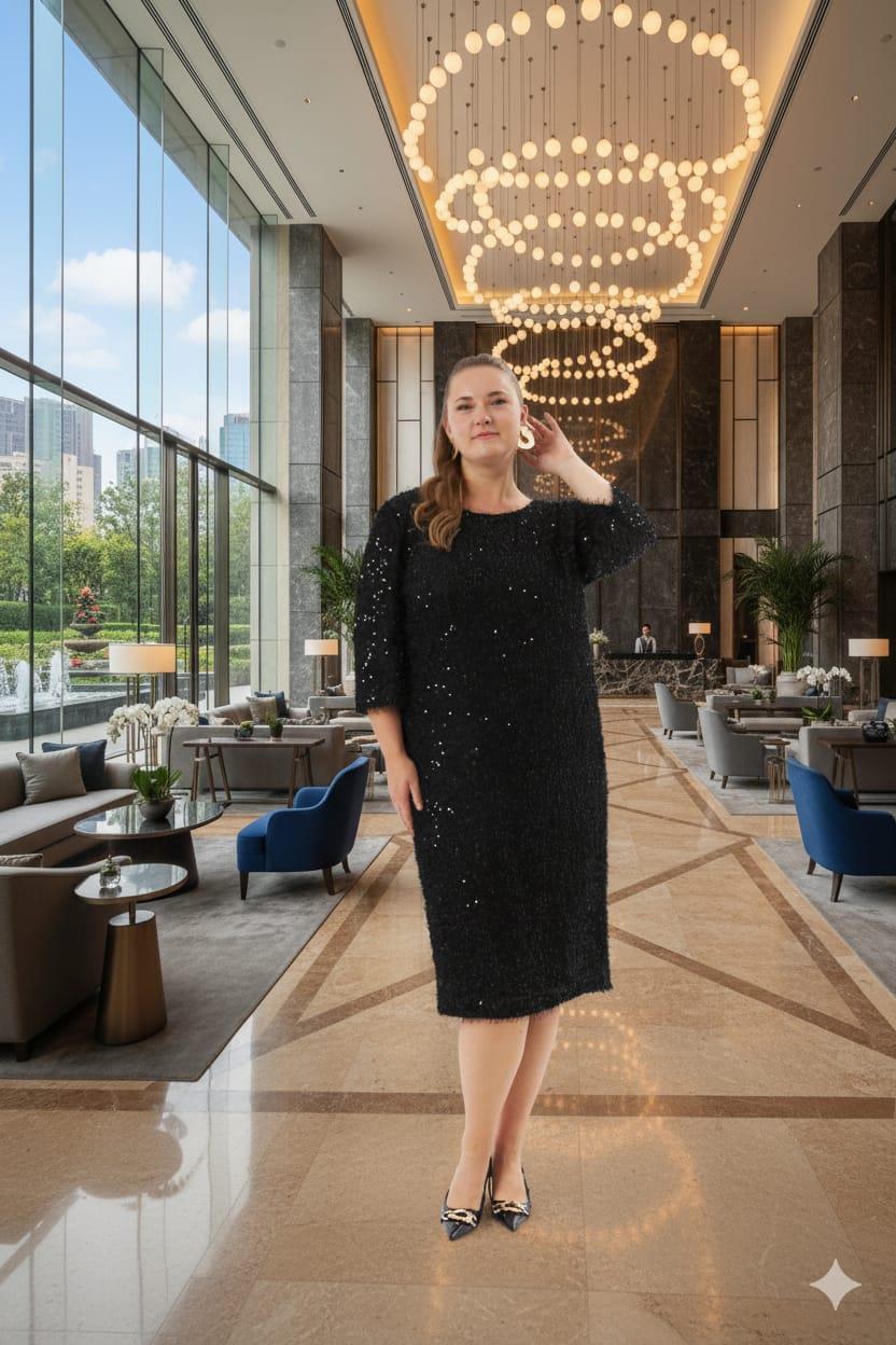 Büyük Beden Pul Payet Kırçıllı Abiye Elbise Siyah