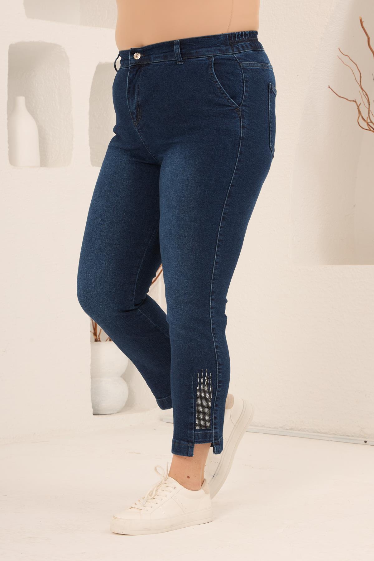 Büyük Beden Taş Detay Denim Pantolon Lacivert