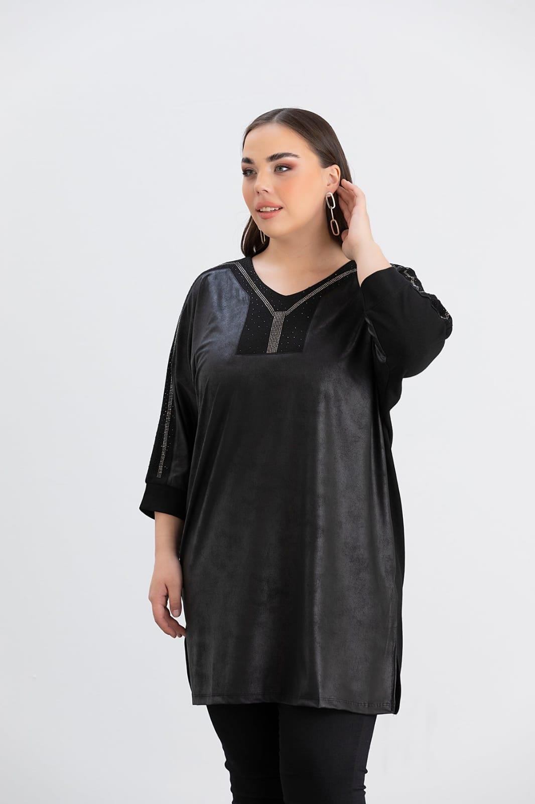 Büyük Beden Taş Detay Örme Bluz Siyah