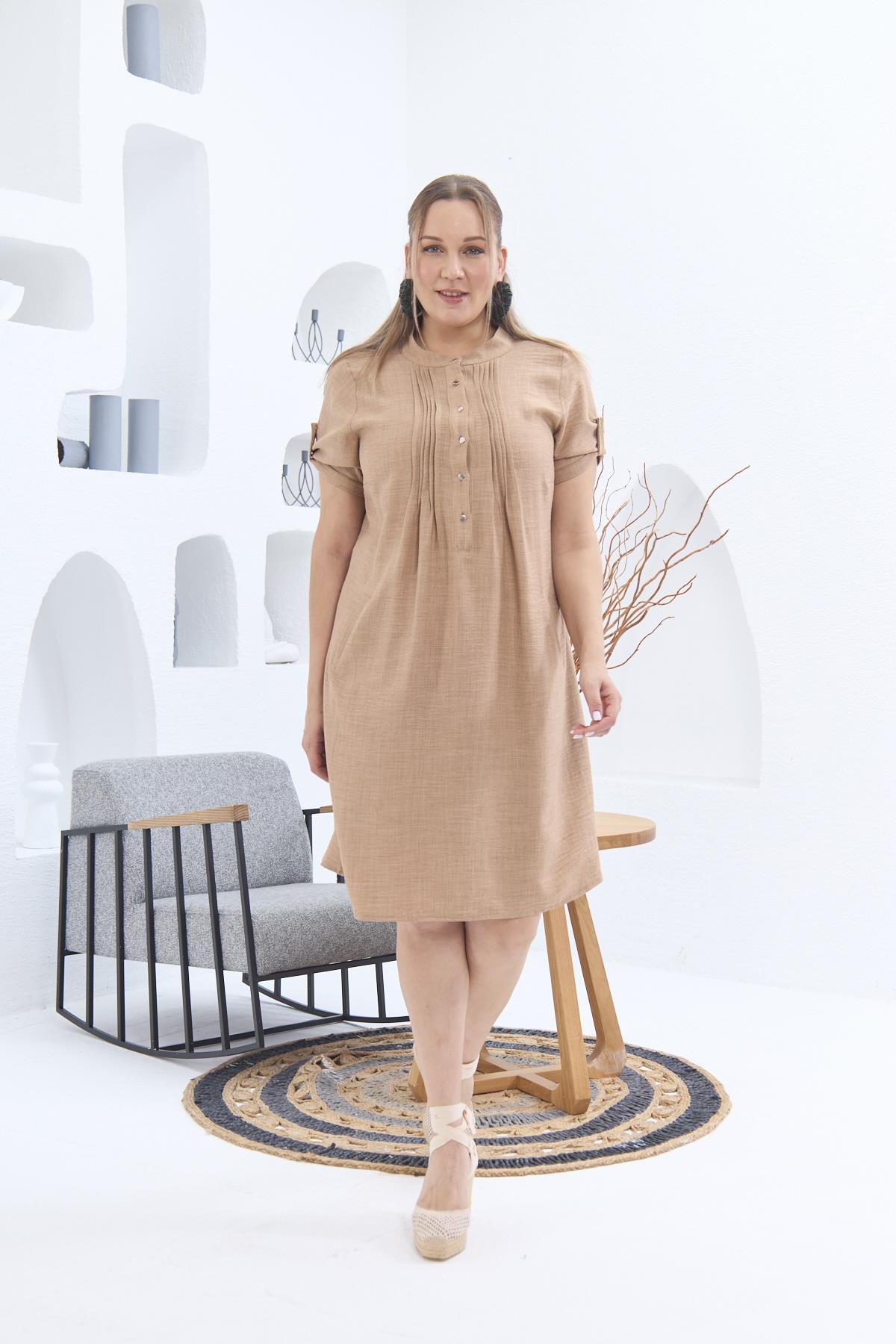 Yaka Pileli Büyük Beden Vizon Elbise