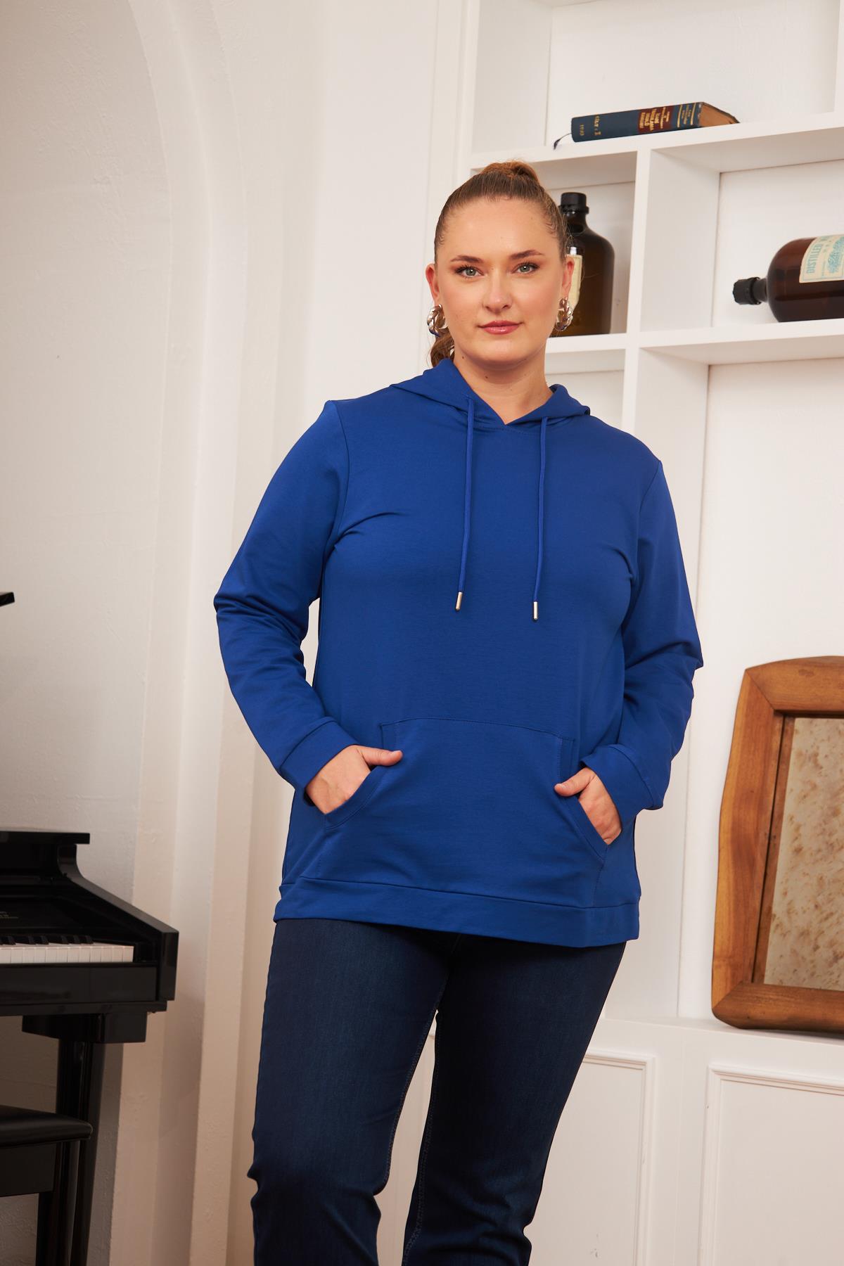 Kapşonlu Büyük Beden Saks Sweatshirt