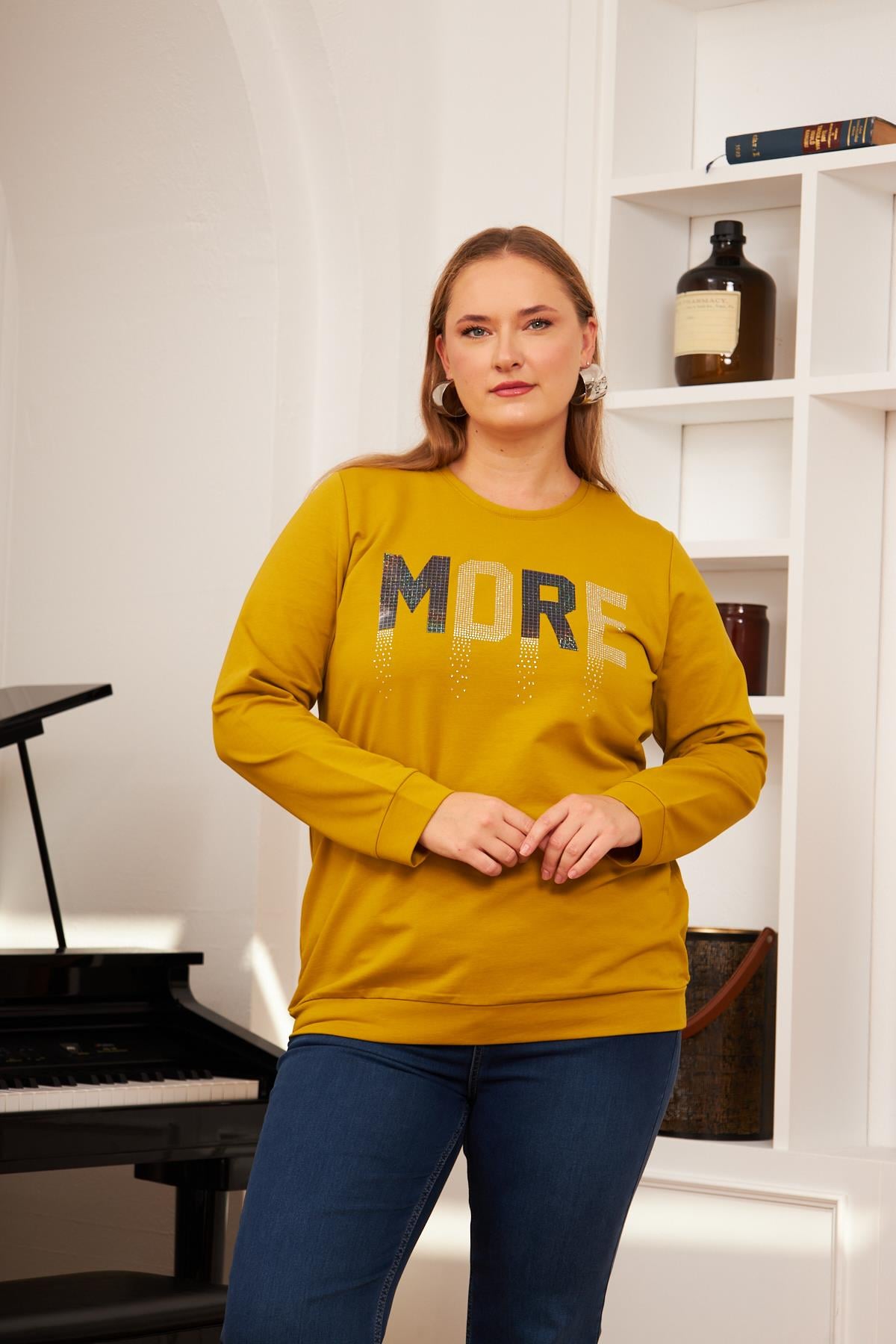 Büyük Beden Taş Baskılı Sweatshirt Oliv