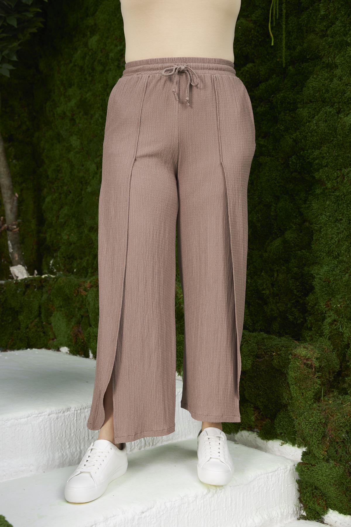 Bel Bağcık Detaylı Yırtmaçlı Büyük Beden Vizon Bürümcük Pantolon