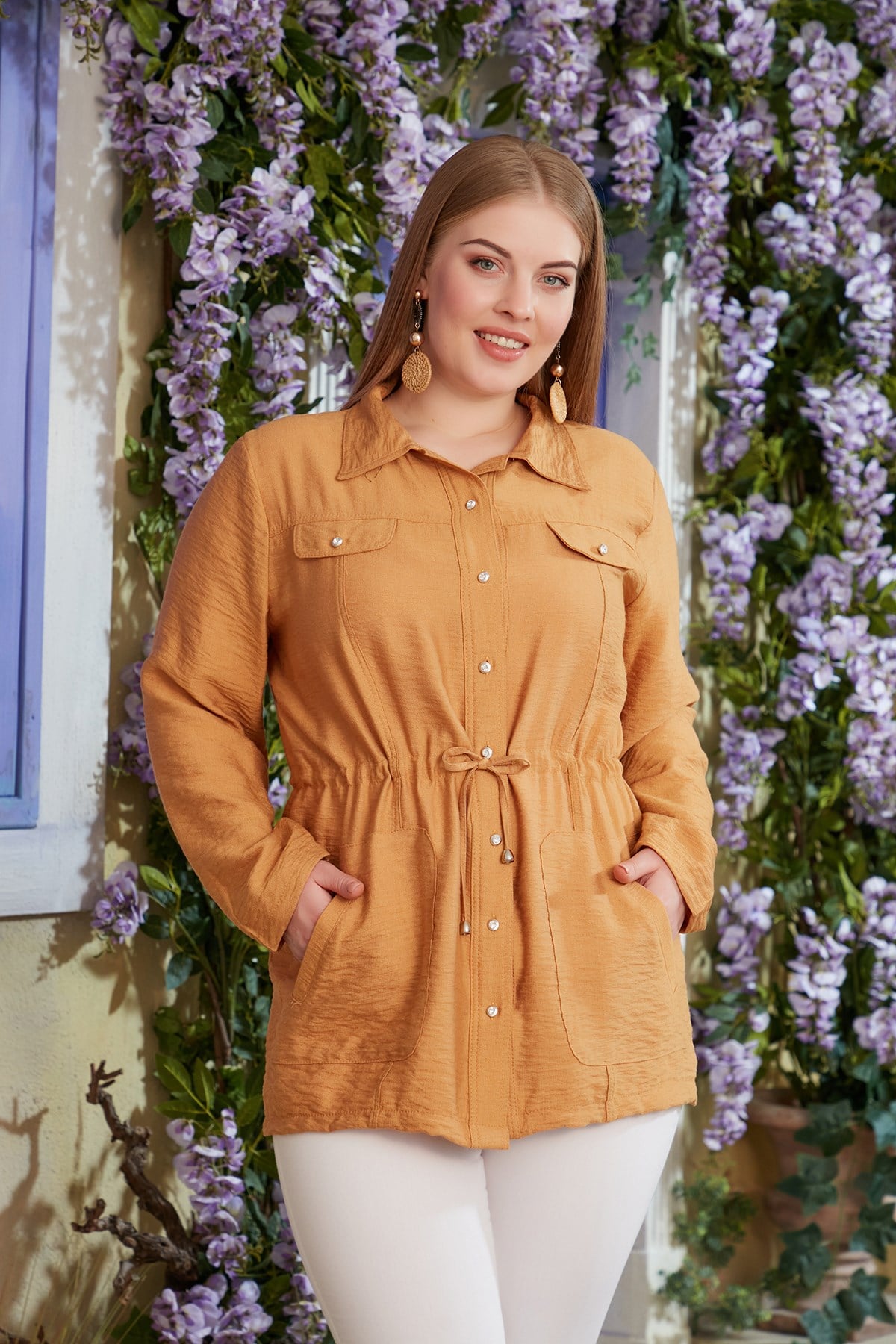 RMG Bel Bağcık Detaylı Büyük Beden Hardal Keten Ceket