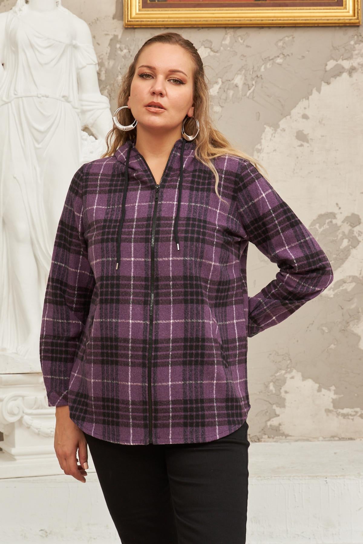 Fermuar Detaylı Büyük Beden Mor Ekose Gömlek	