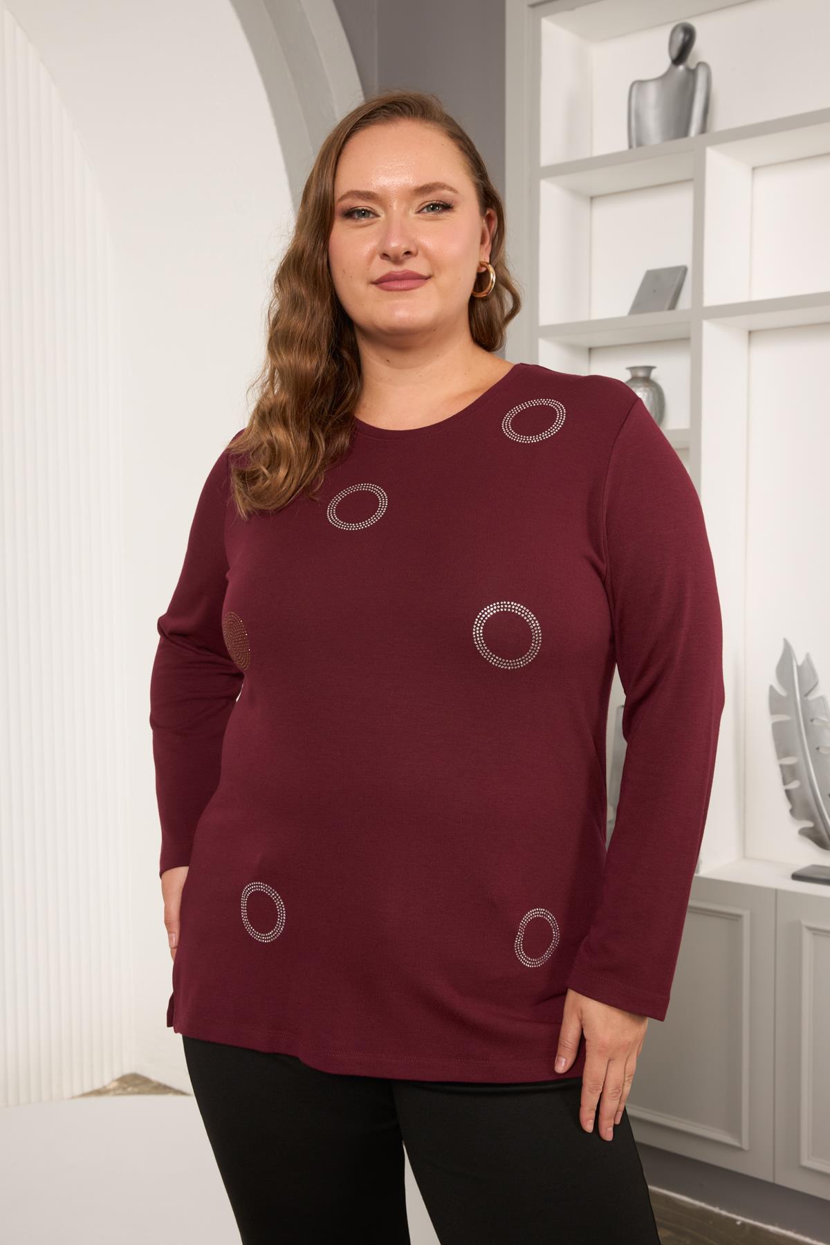 Çember Taş İşlemeli Büyük Beden Bluz Bordo