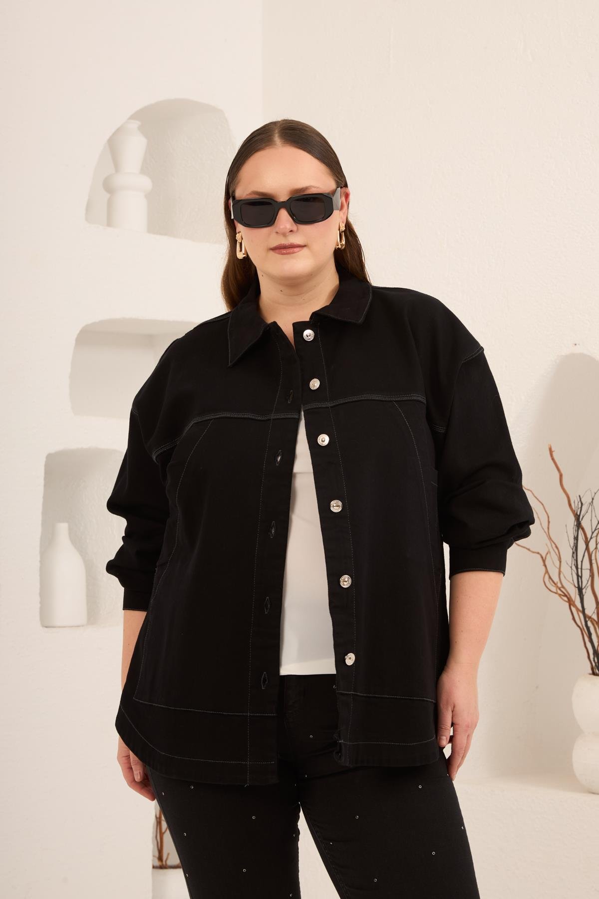 Cep Detaylı Büyük Beden Kadın Kot Ceket Siyah