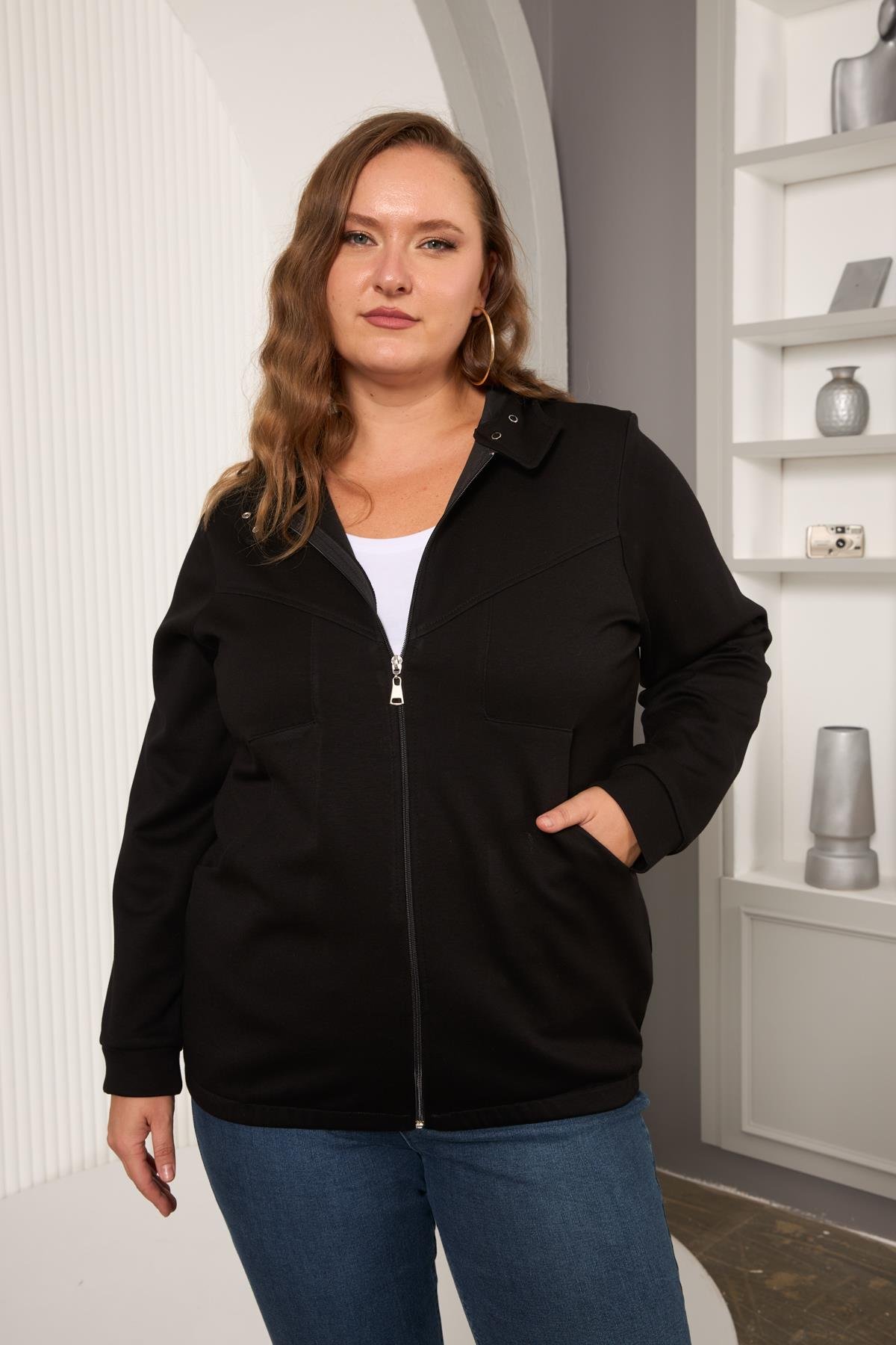 Cep Detaylı Büyük Beden Sweatshirt Siyah