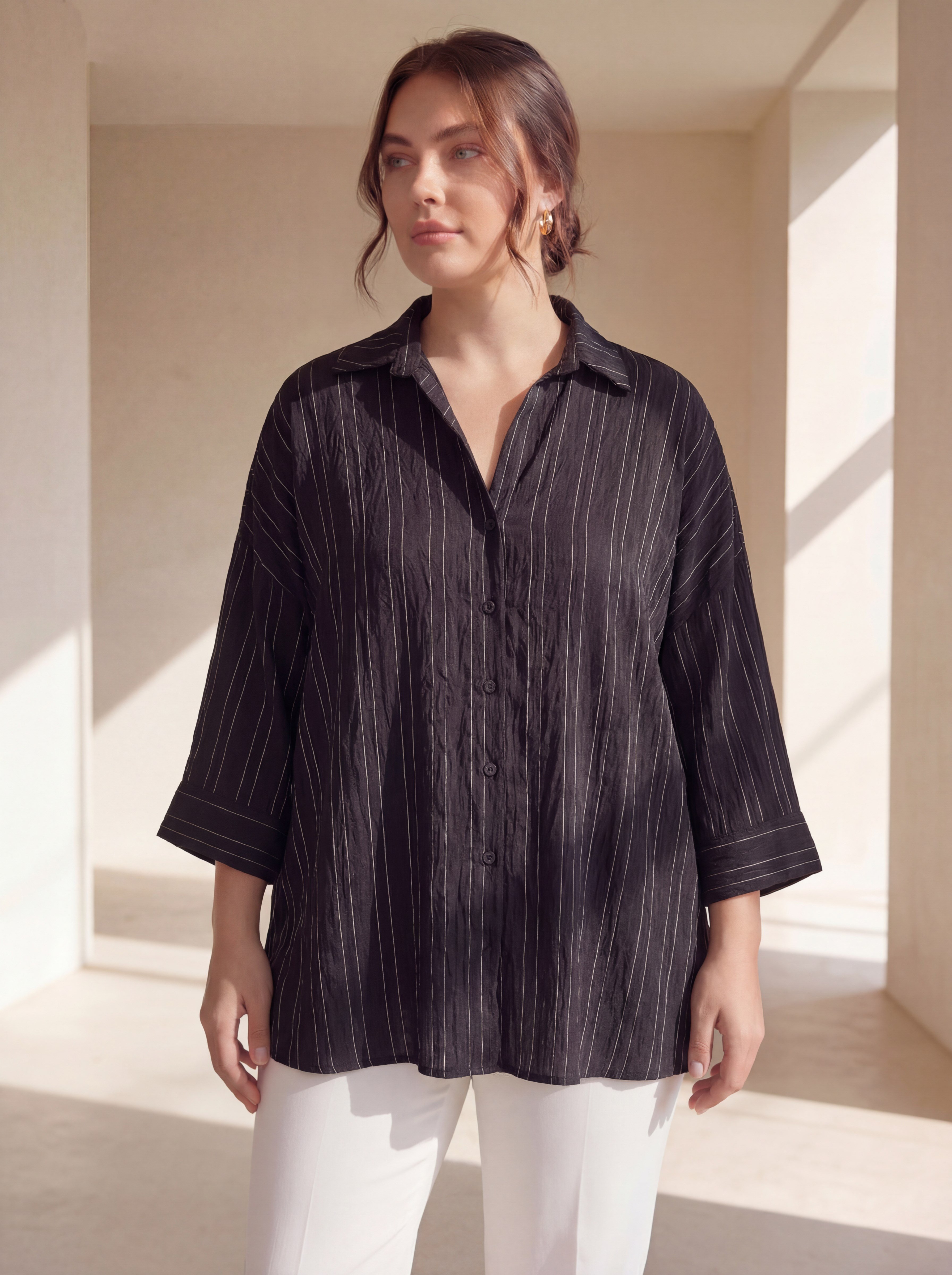 Çzigili Büyük Beden Viskon Gömlek Siyah