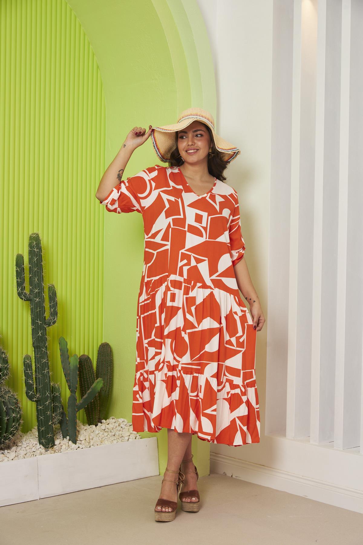 Desenli Büyük Beden Oranj Elbise