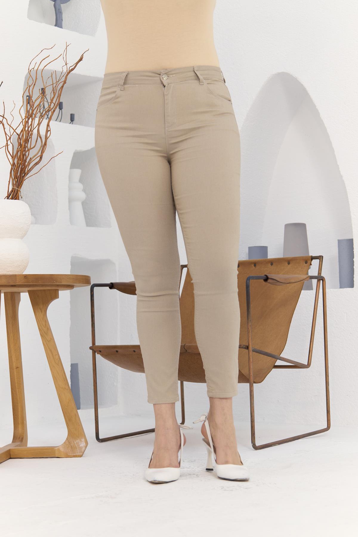 Bilek Paça Büyük Beden Krem Pamuk Pantolon