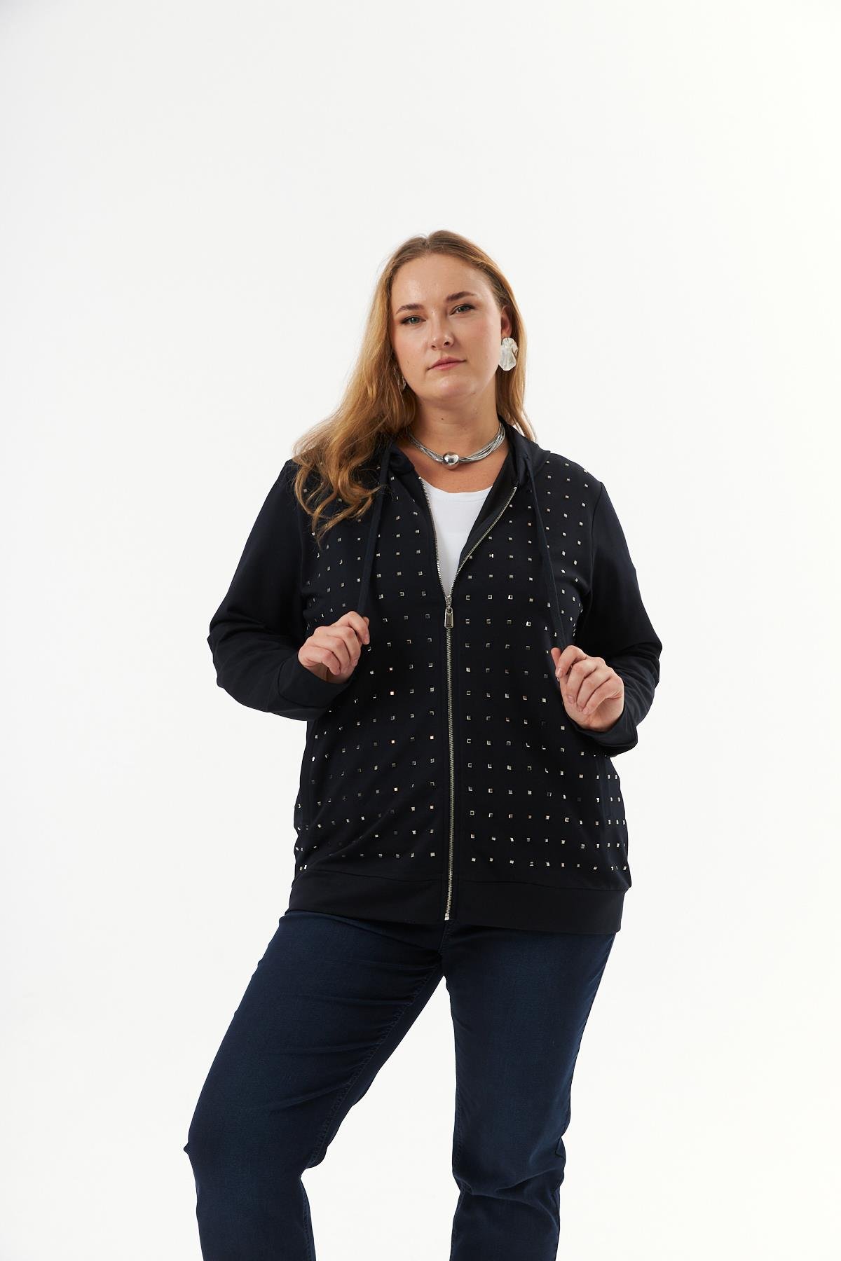 Büyük Beden Fermuarlı Droplu Sweatshirt Lacivert