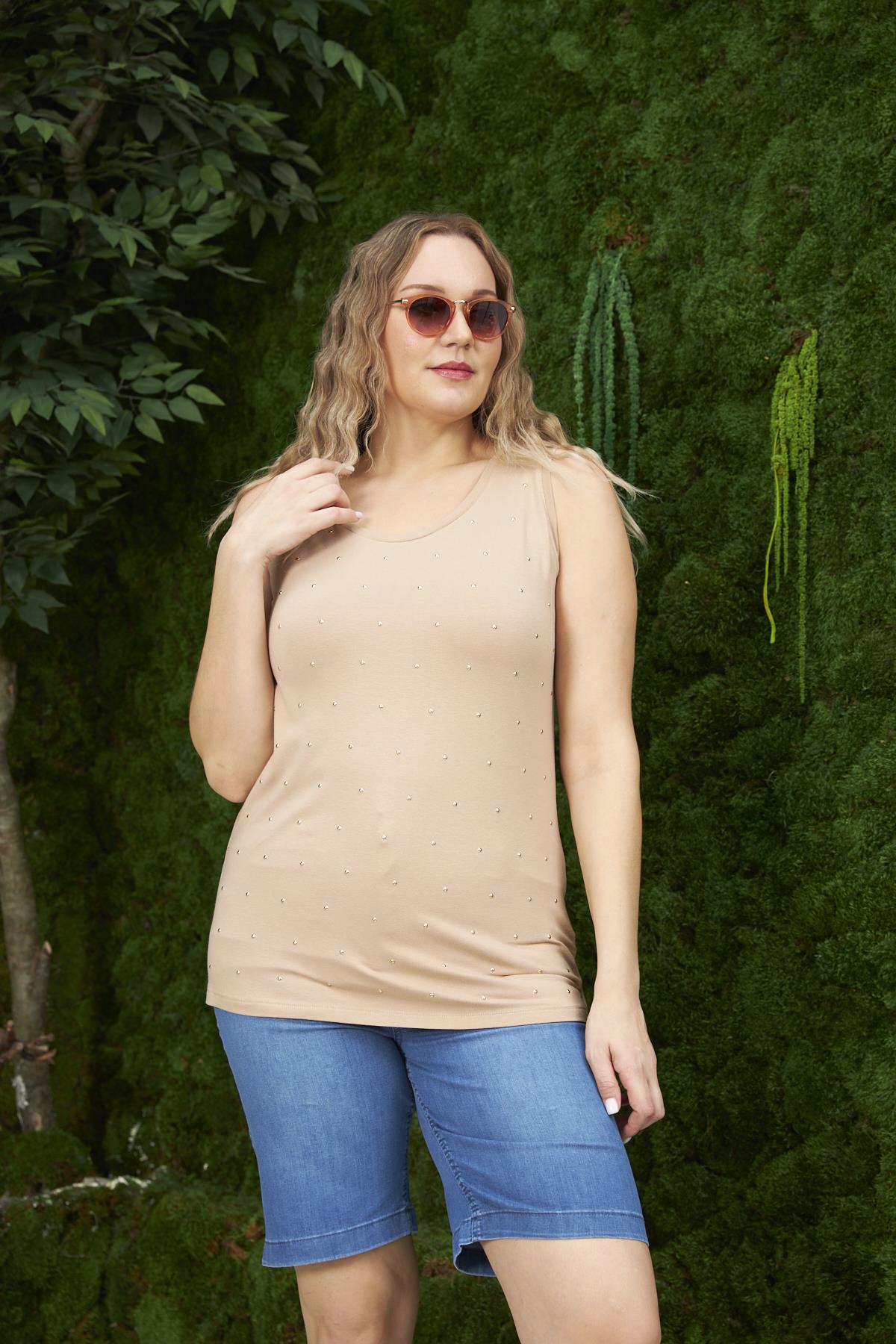 İnci Taş Detaylı Büyük Beden Vizon Atlet