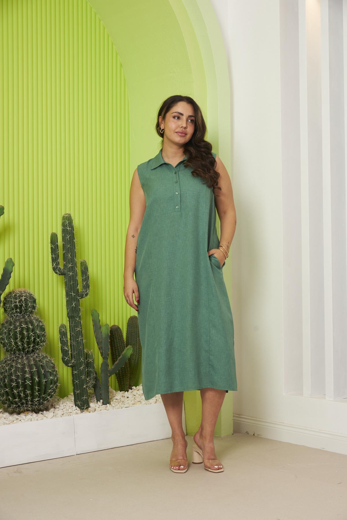 Gömlek Yaka Cep Detaylı Kolsuz Büyük Beden Elbise Yeşil