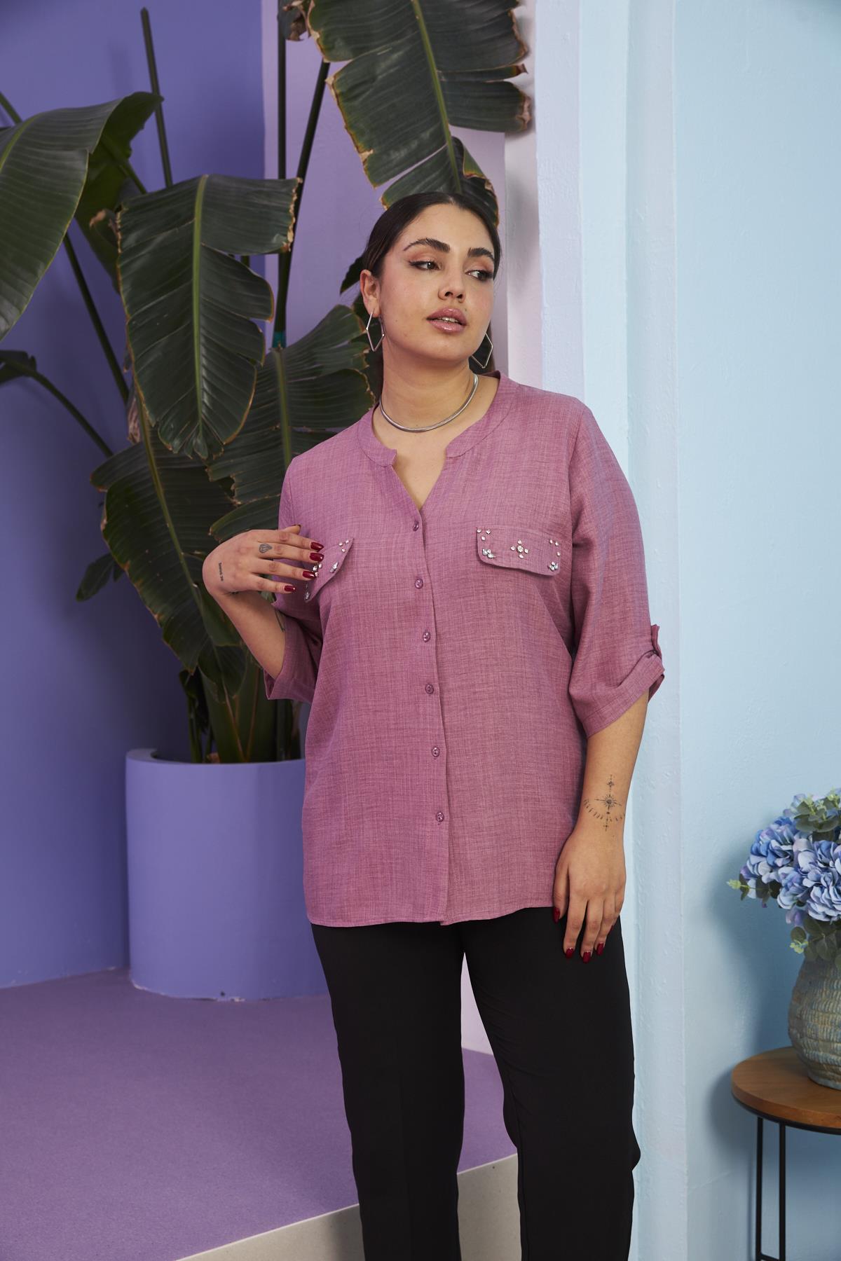 Rmg Cep Kapak Taş Detaylı Büyük Beden Mürdüm Gömlek