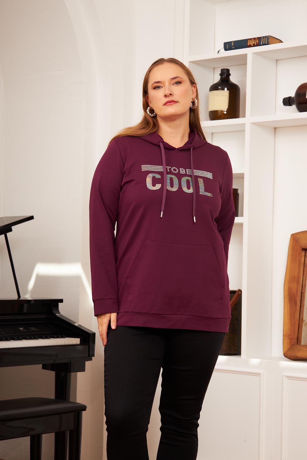 Büyük Beden Taş Baskılı Sweatshirt Koyu Mor