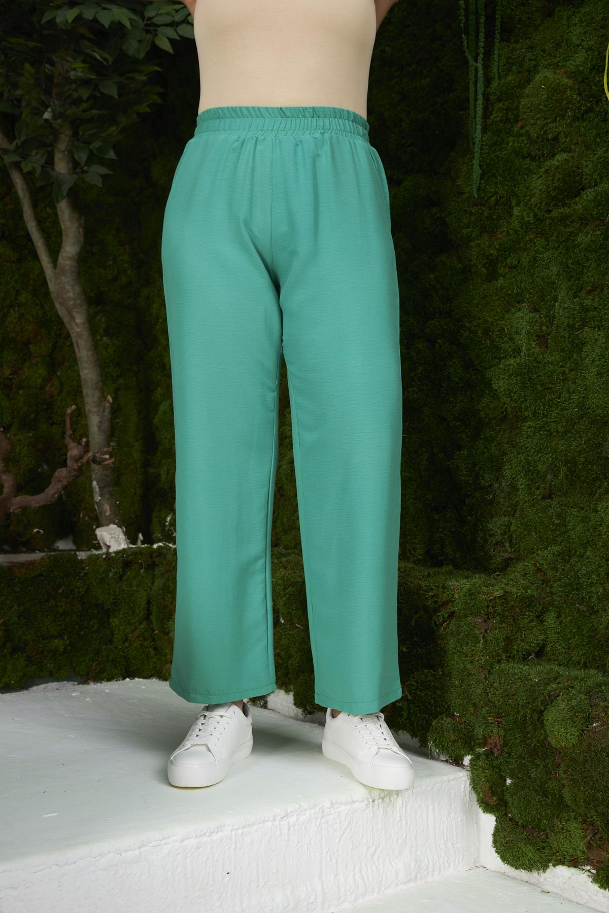 Beli Lastikli Geniş Paça Büyük Beden Yeşil Pantolon
