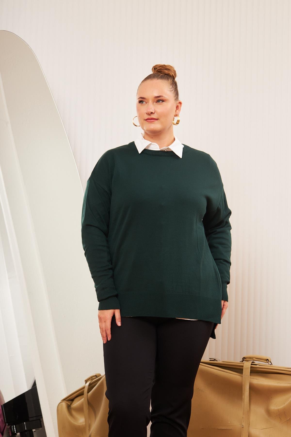 Büyük Beden Bisiklet Yaka Triko Kazak Zümrüt