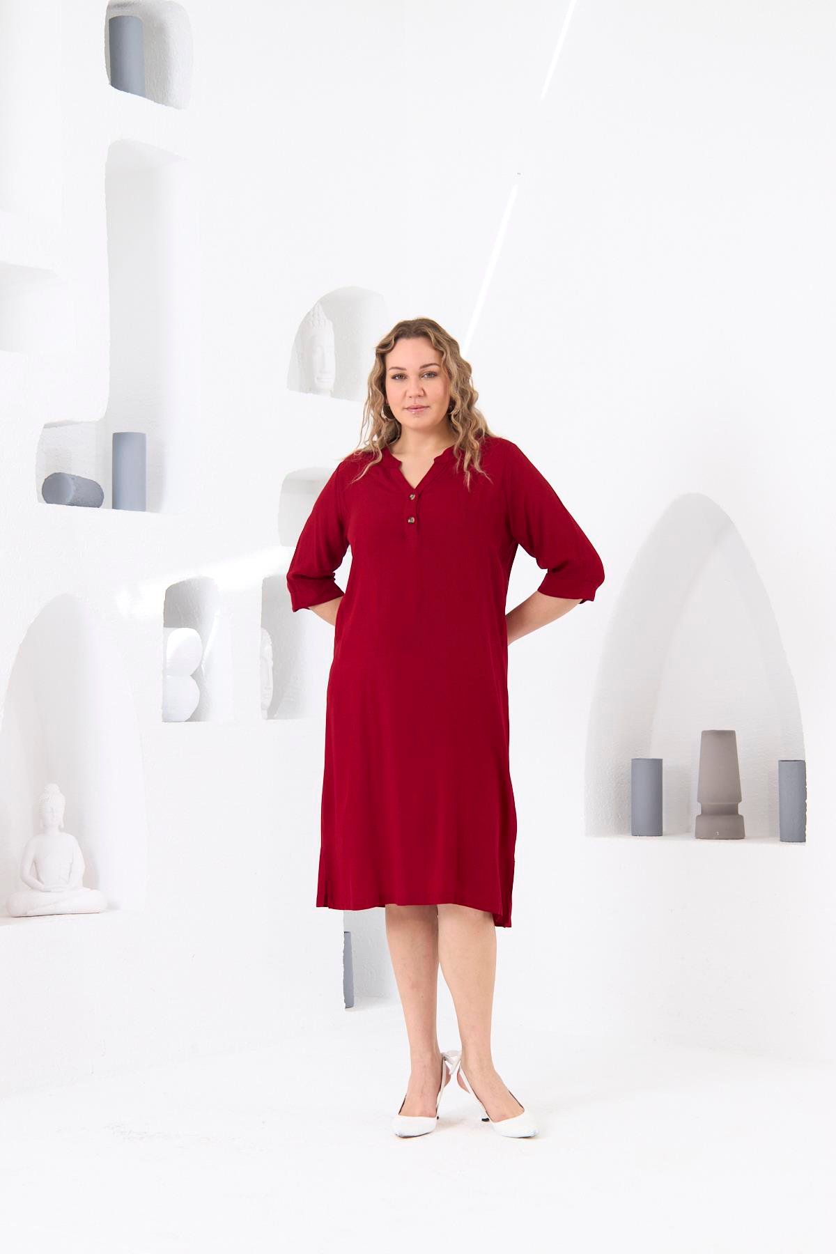 Düğme Detaylı Büyük Beden Bordo Viskon Elbise