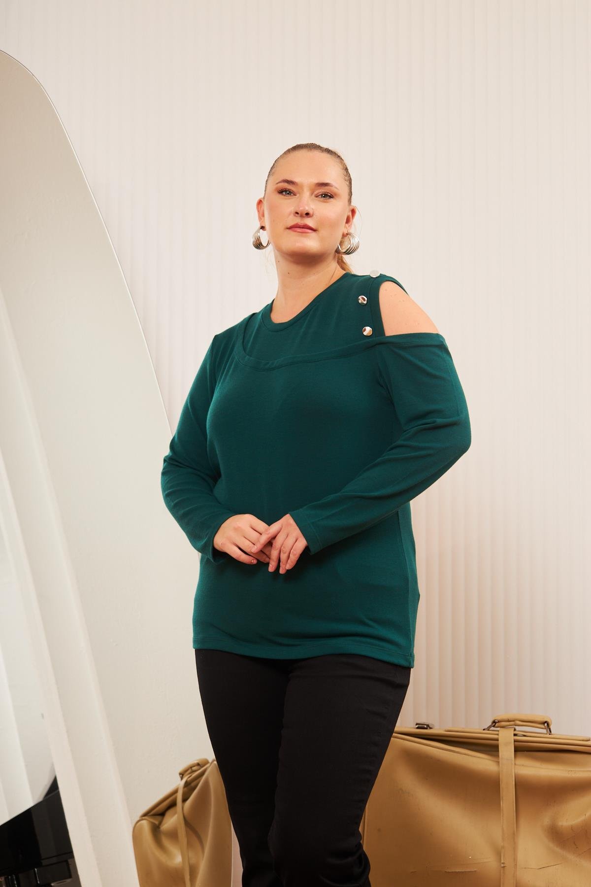 Büyük Beden Omuz Detay Örme Bluz Zümrüt