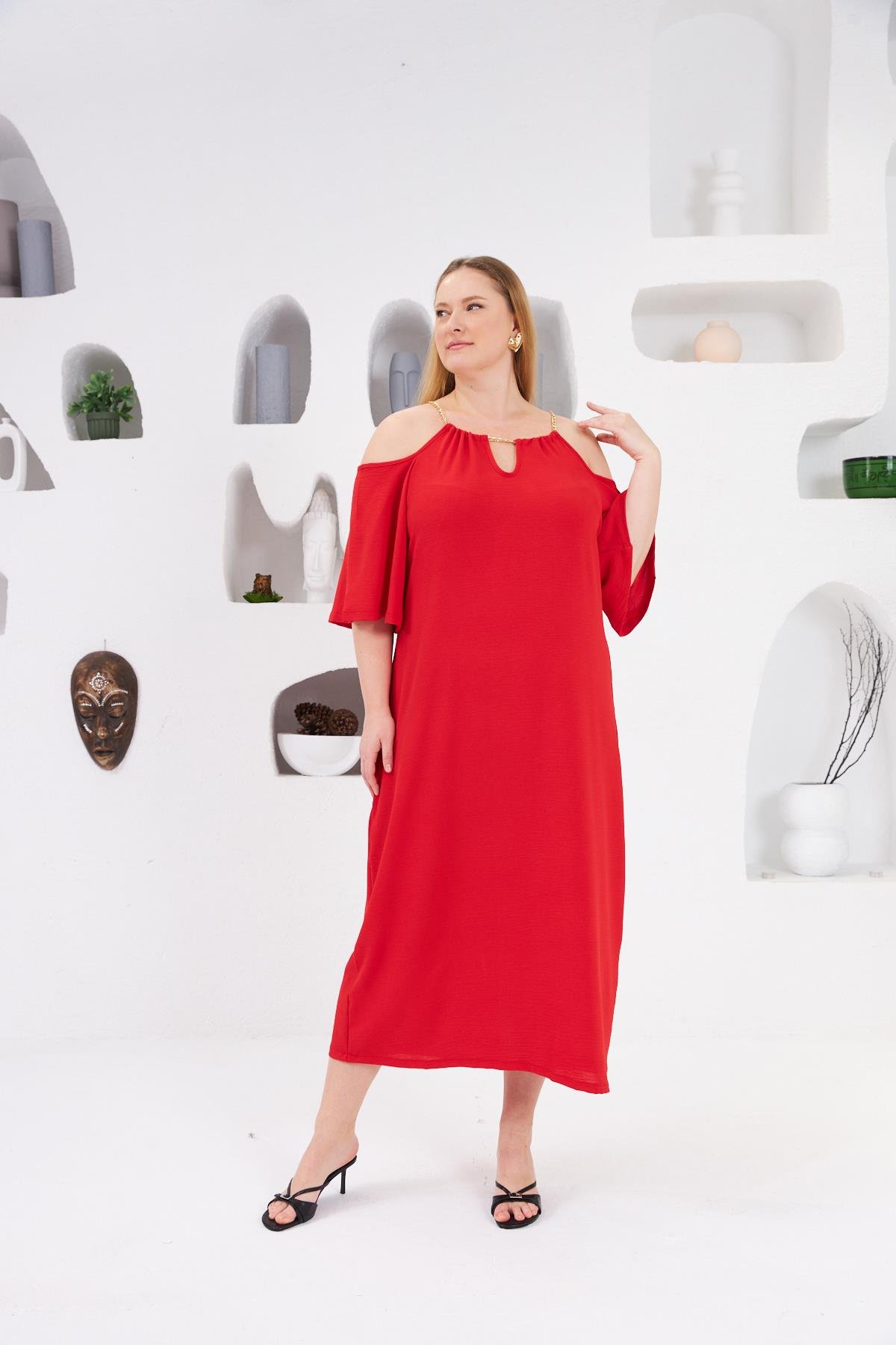 Yaka Zincirli Büyük Beden Günlük Elbise Kırmızı