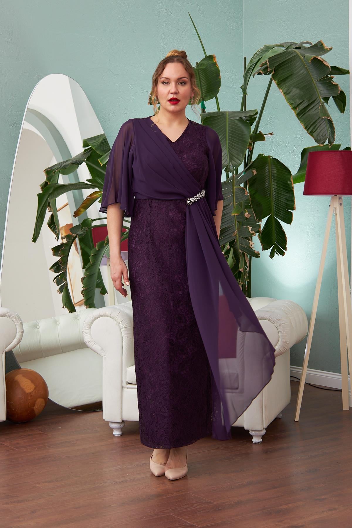 Şifon Garnili Dantelli Büyük Beden Uzun Mürdüm Elbise	