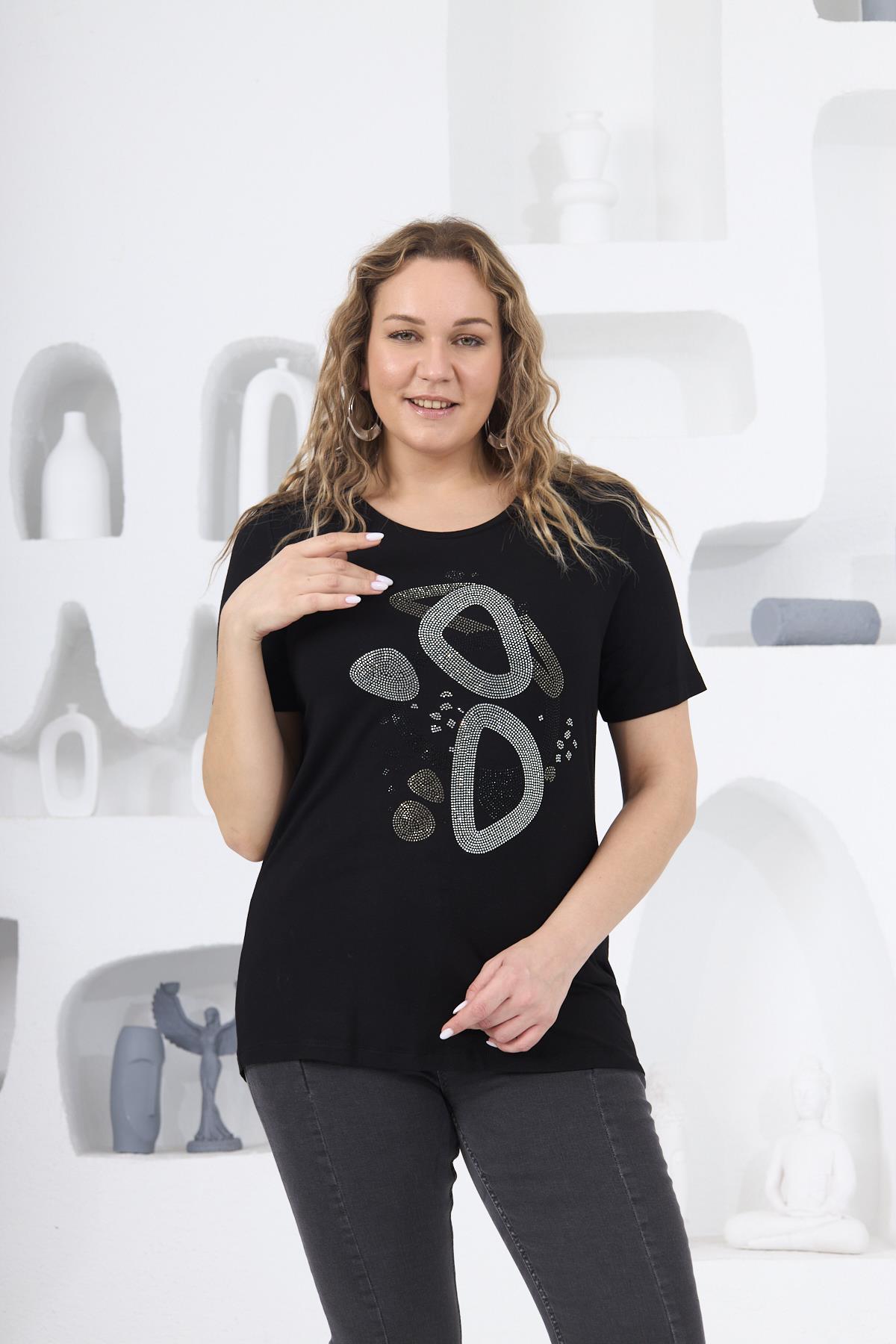 Taş Detaylı Büyük Beden Siyah Tişört