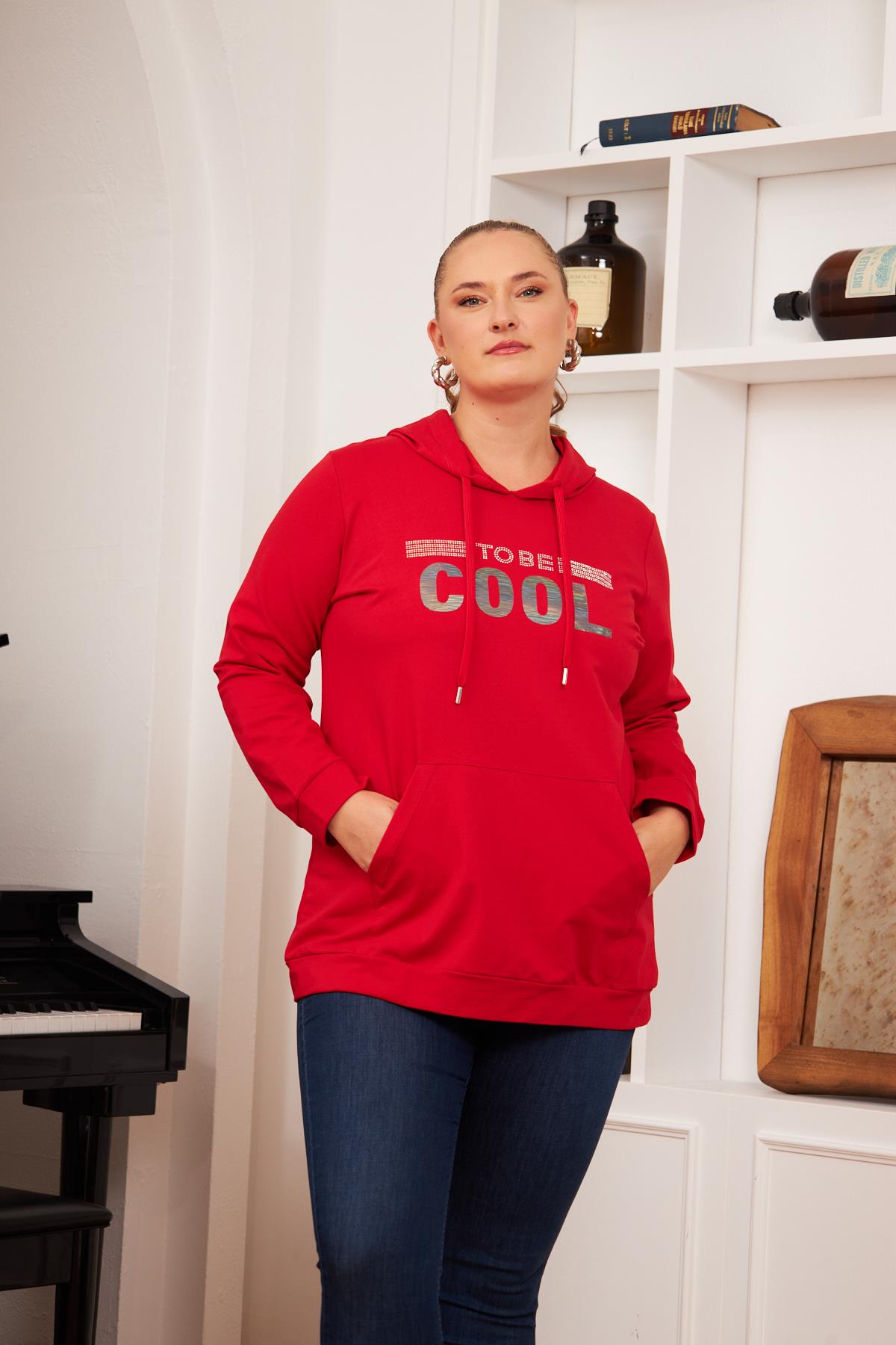 Büyük Beden Cool Taş Baskılı Sweatshirt Kırmızı