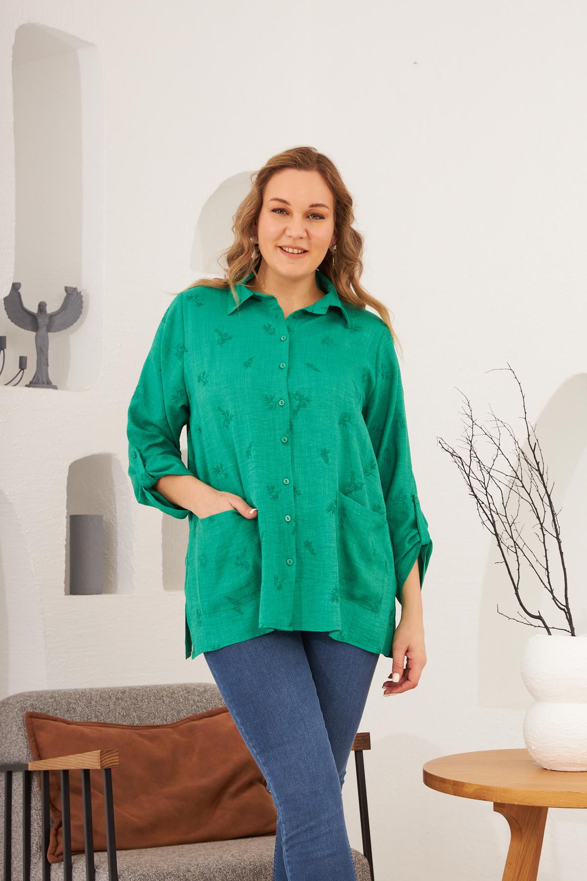 Çiçek Nakış İşlemeli Büyük Beden Yeşil Gömlek