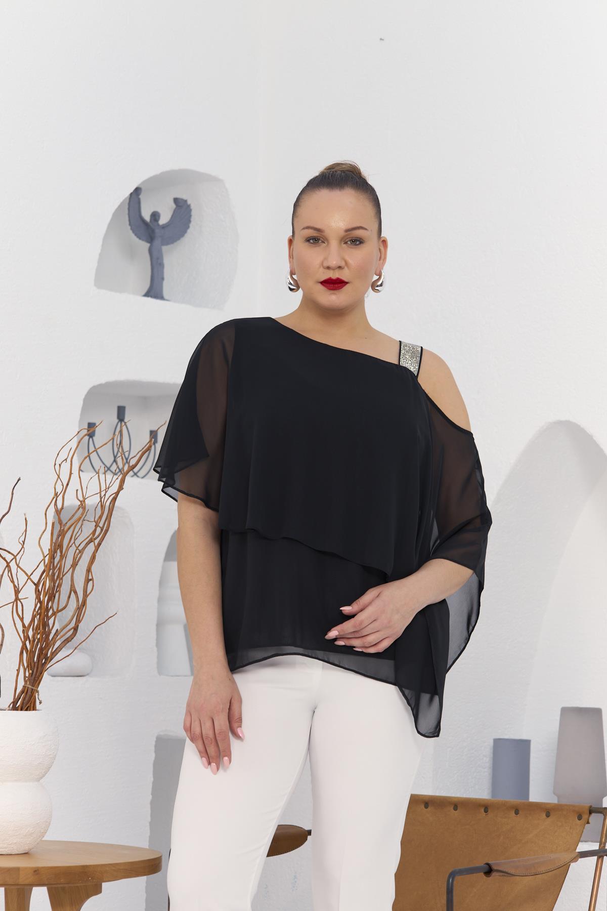 Omuz Taş Detay İçlikli Şifon Büyük Beden Bluz Siyah