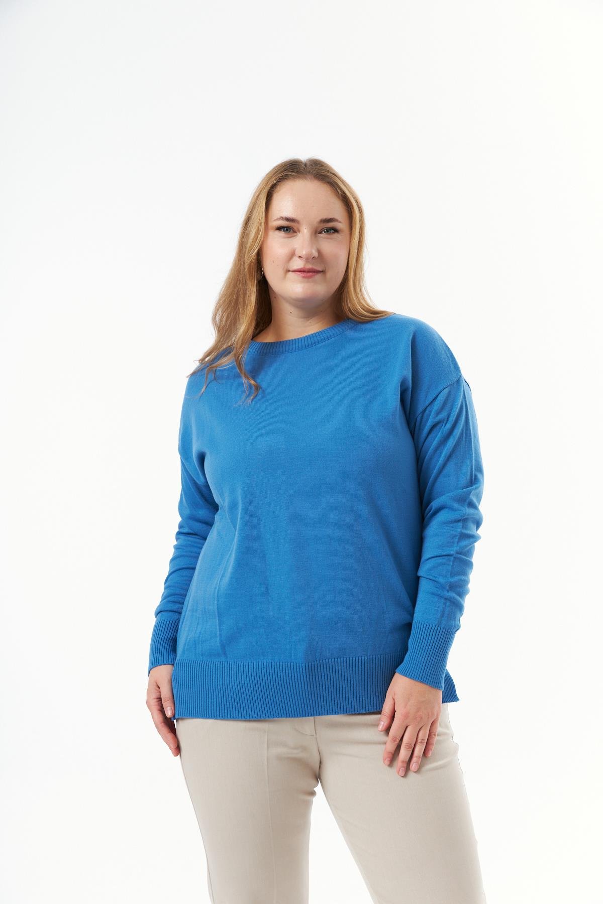 Büyük Beden Bisiklet Yaka Triko Kazak İndigo