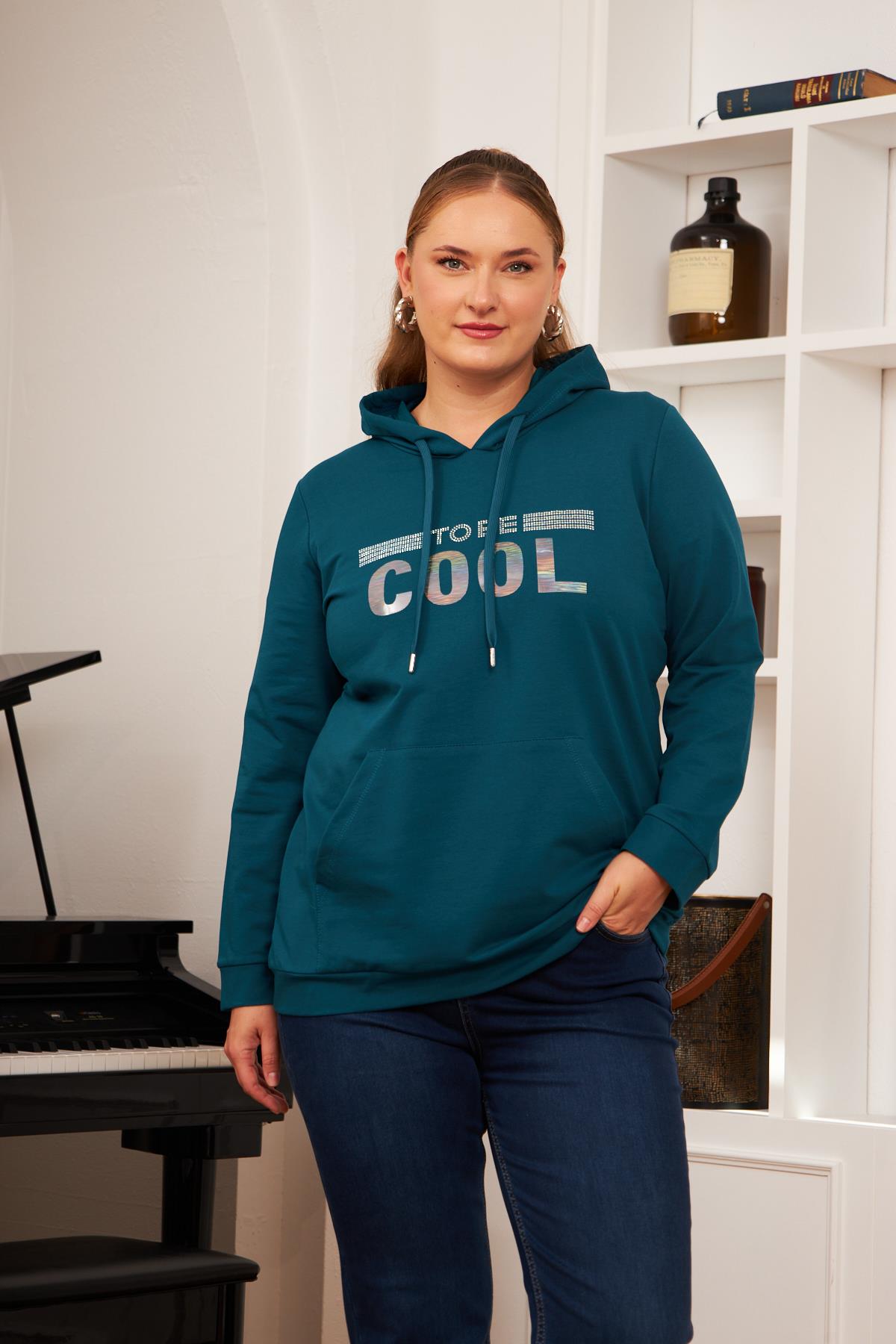 Büyük Beden Cool Taş Baskılı Sweatshirt Koyu Petrol