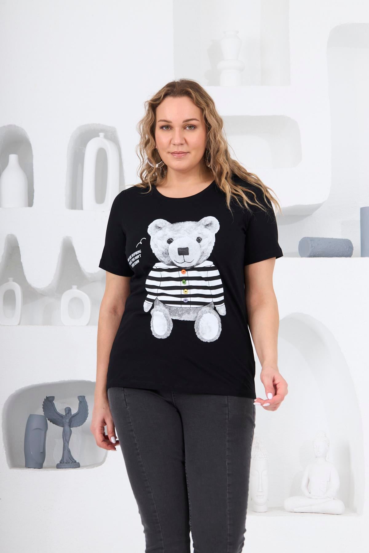 Ayıcık Baskılı Büyük Beden Siyah Tişört