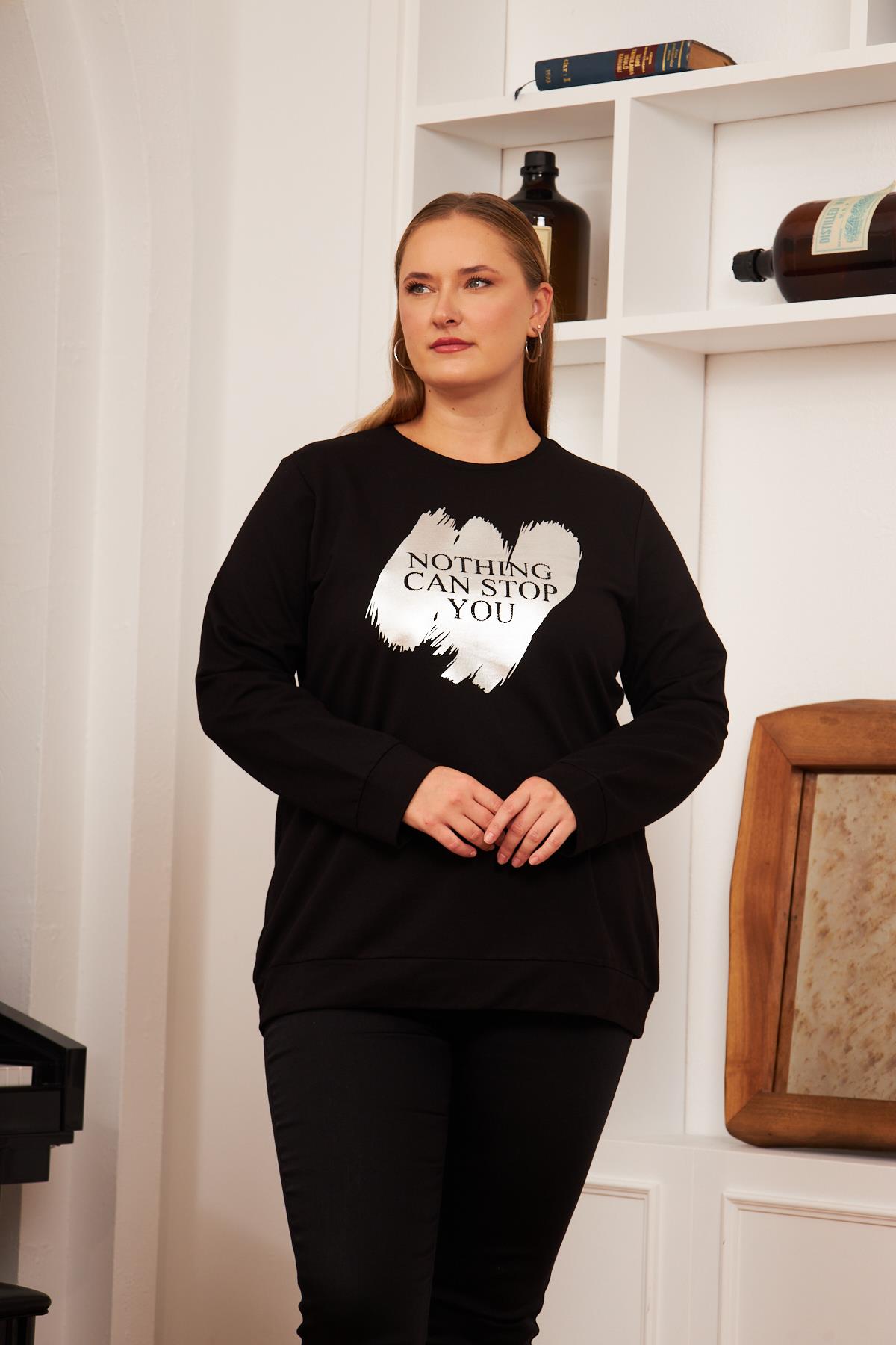 Fırça Deseni Baskılı Büyük Beden Sweatshirt Siyah