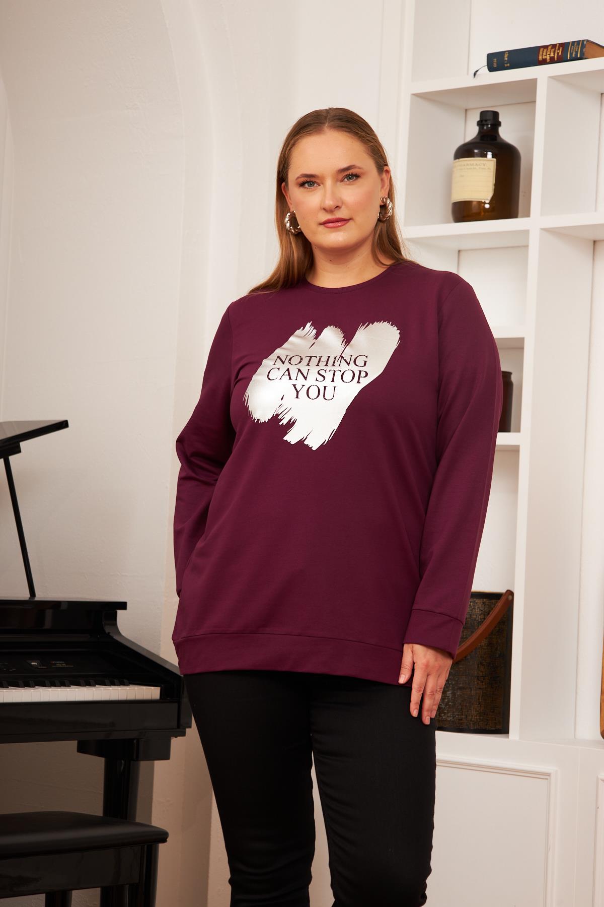 Fırça Deseni Baskılı Büyük Beden Sweatshirt Koyu Mor