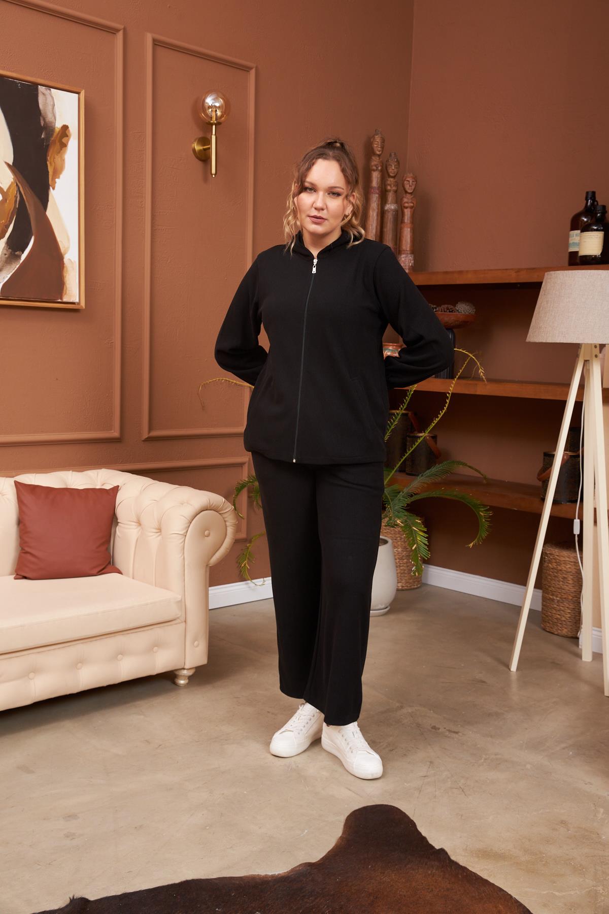 Büyük Beden Siyah Fitilli Eşofman Takımı