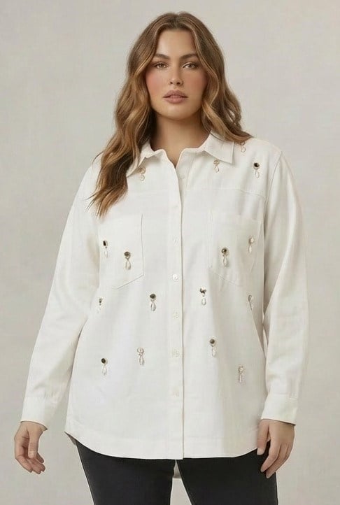 Sarkaç Aksesuarlı Büyük Beden Gömlek Ekru
