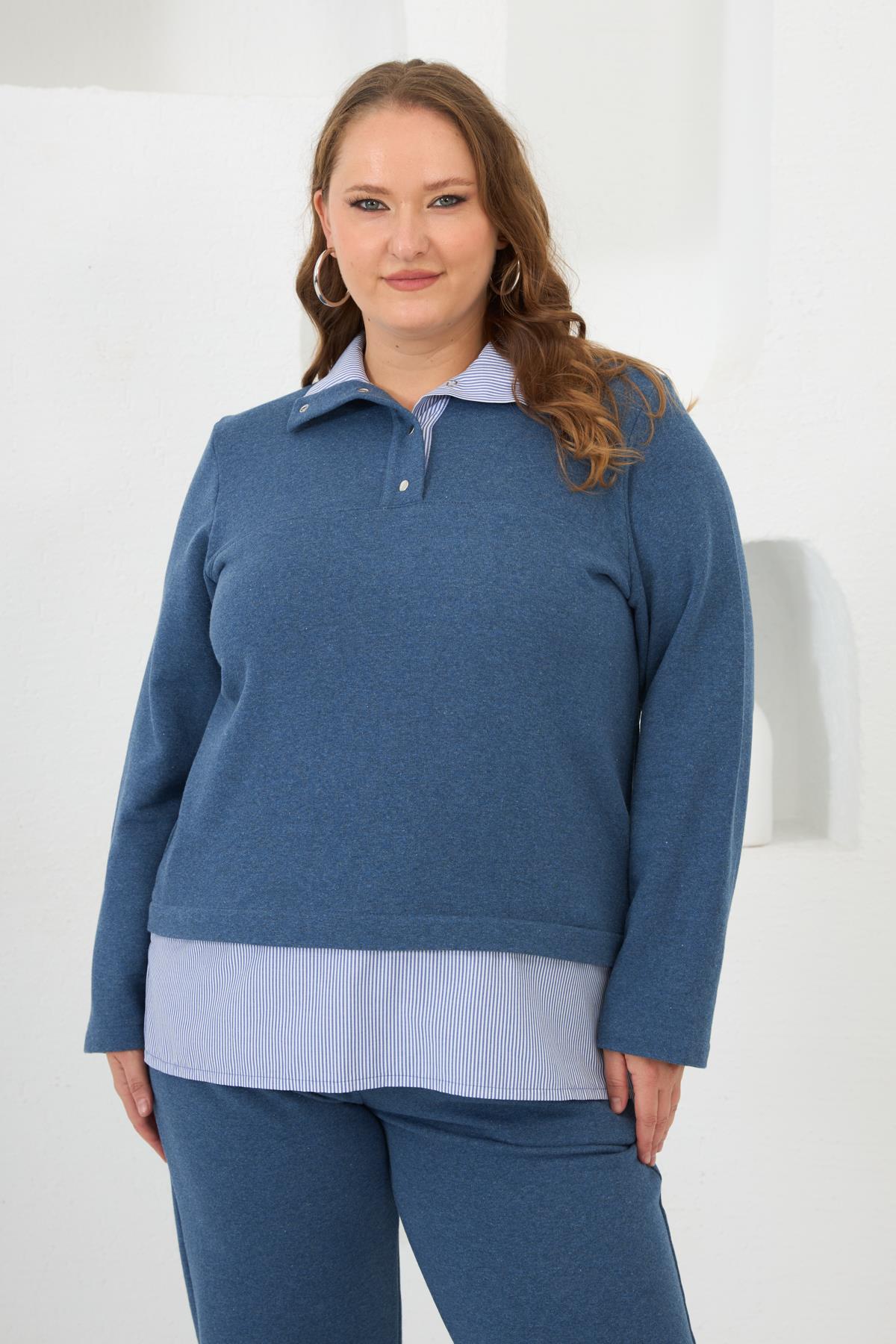 Gömlek Görünümlü Büyük Beden Sweat Mavi