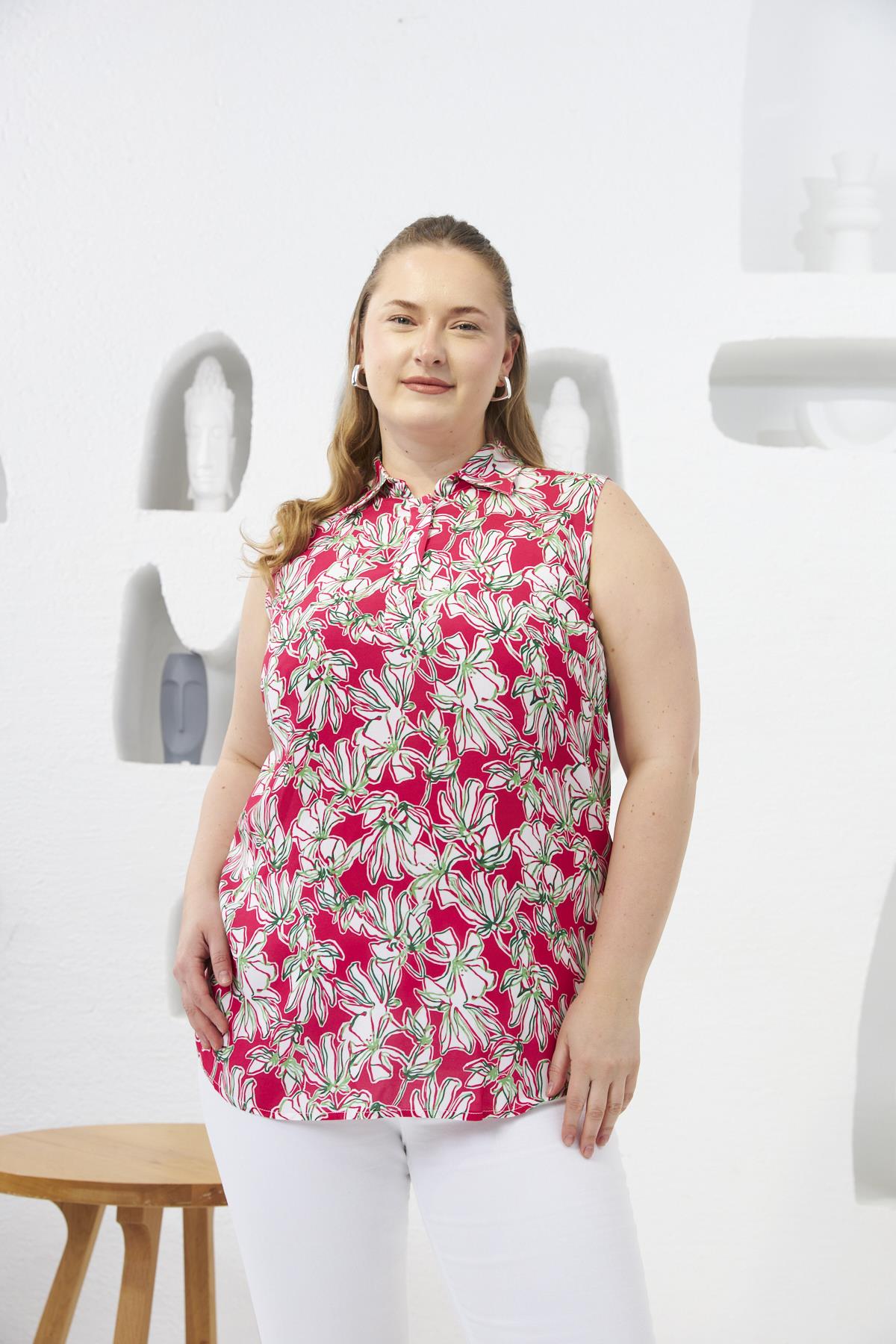 Gömlek Yaka Desenli Sıfır Kol Büyük Beden Bluz Fuşya