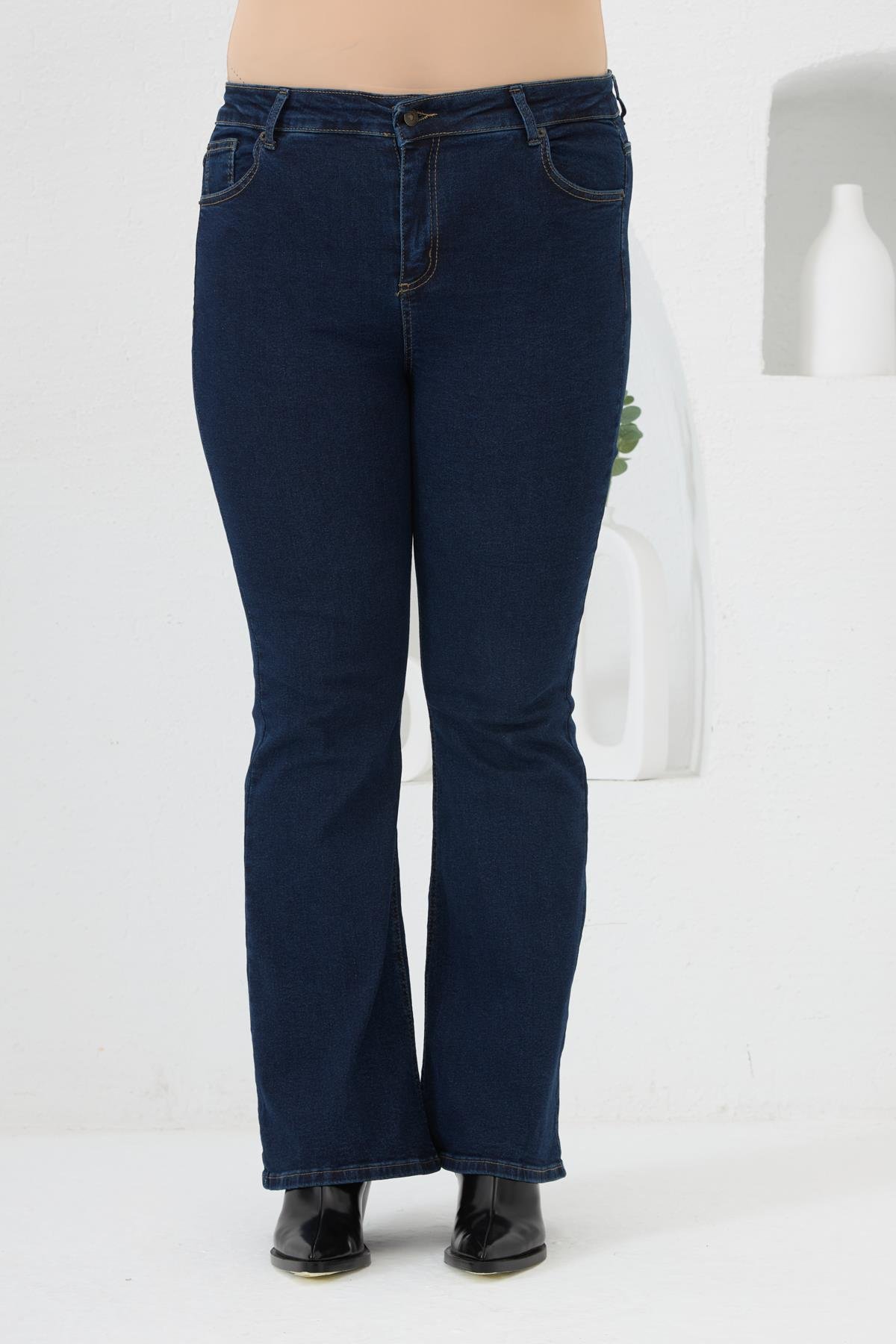 İspanyol Paça Büyük Beden Kot Pantolon Koyu Lacivert