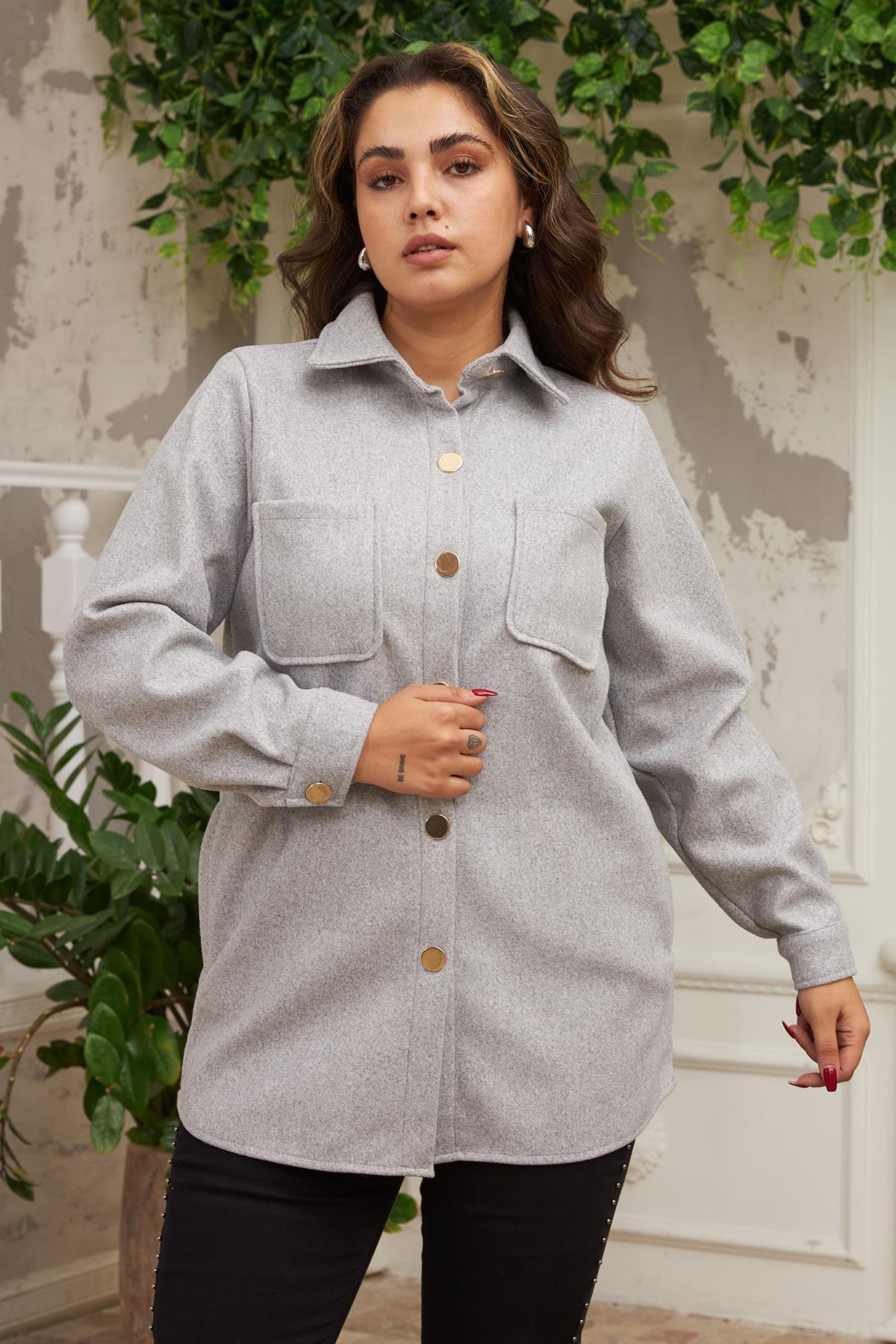 Büyük Beden Gri Kaşe Gömlek