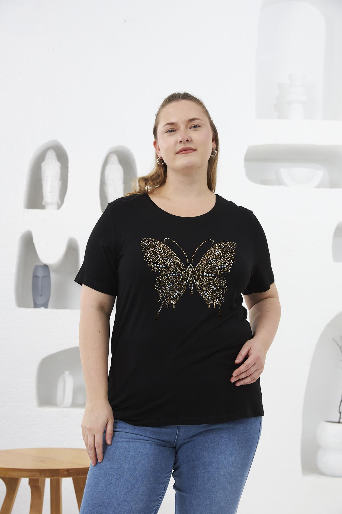 Kelebek Taş Baskılı Büyük Beden Tişört Siyah