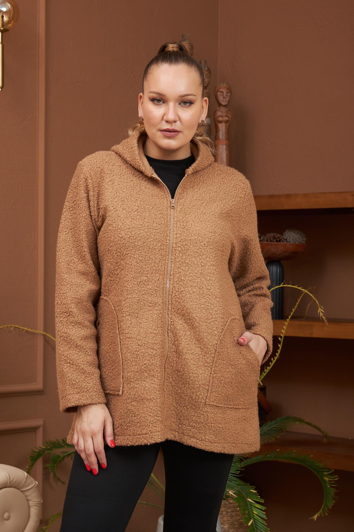 Cep Detaylı Büyük Beden Vizon Kıvırcık Kaban