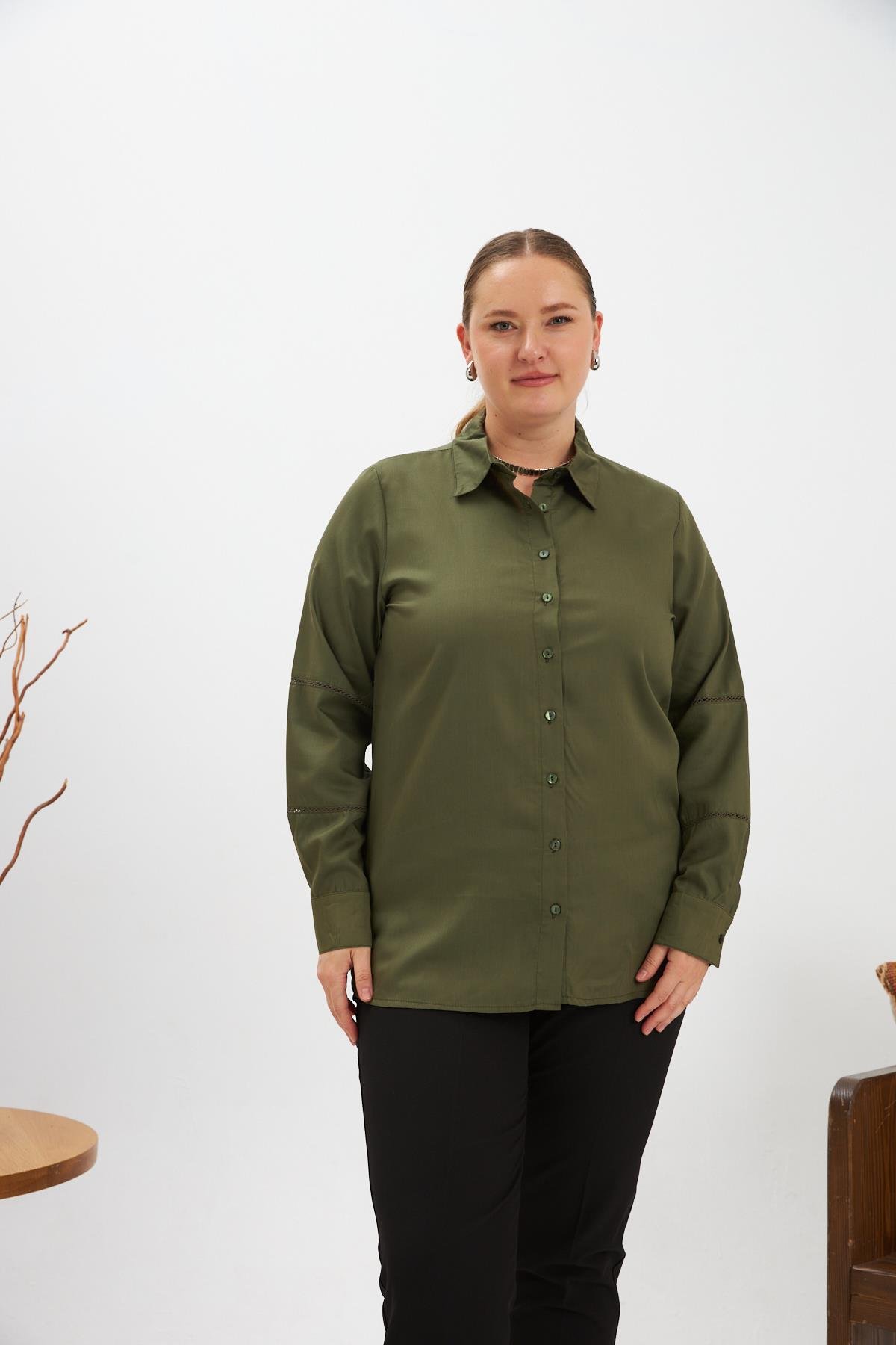 Kol Kroşeta Detaylı Büyük Beden Gömlek Haki