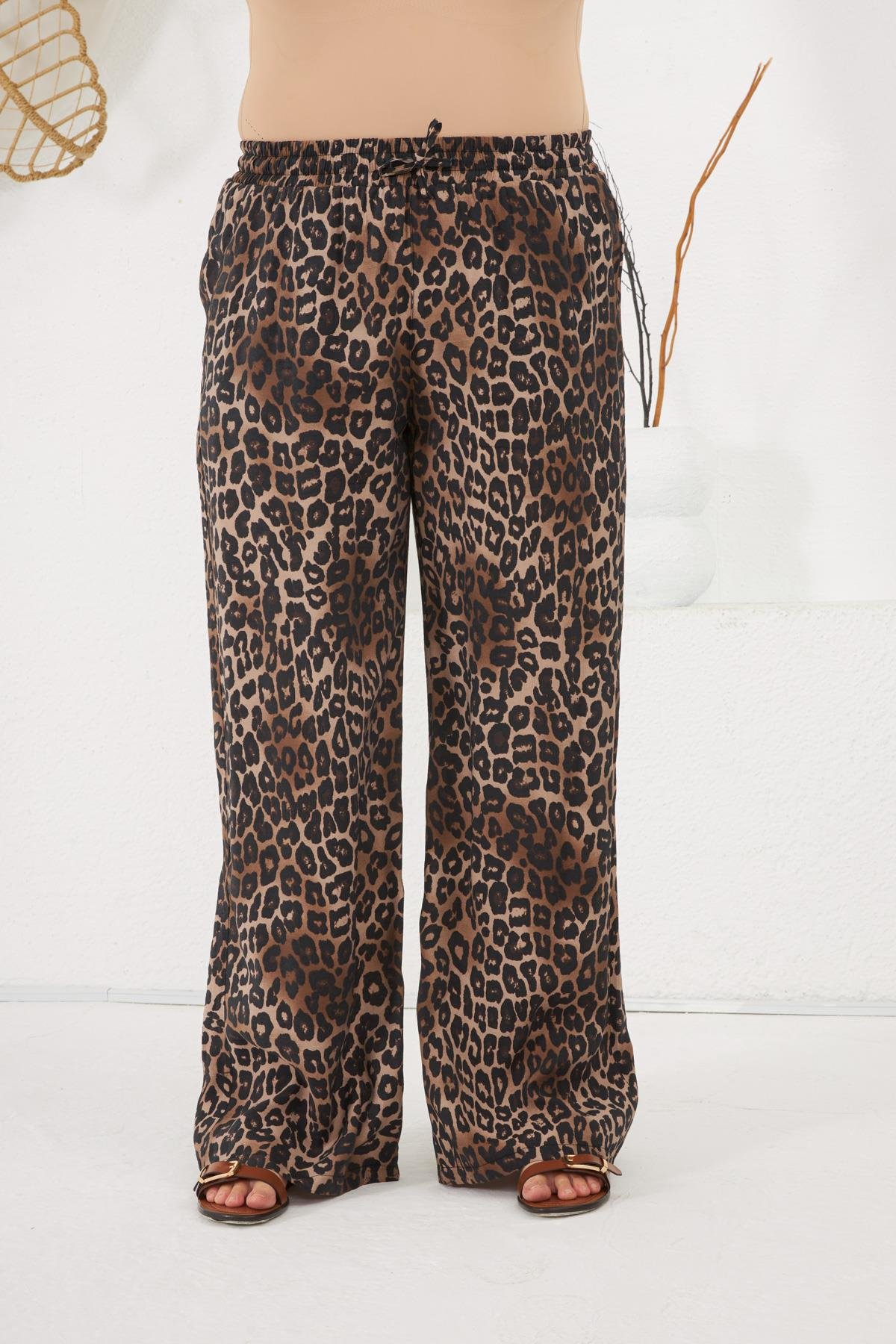 Büyük Beden Beli Lastikli Pantolon Leopar